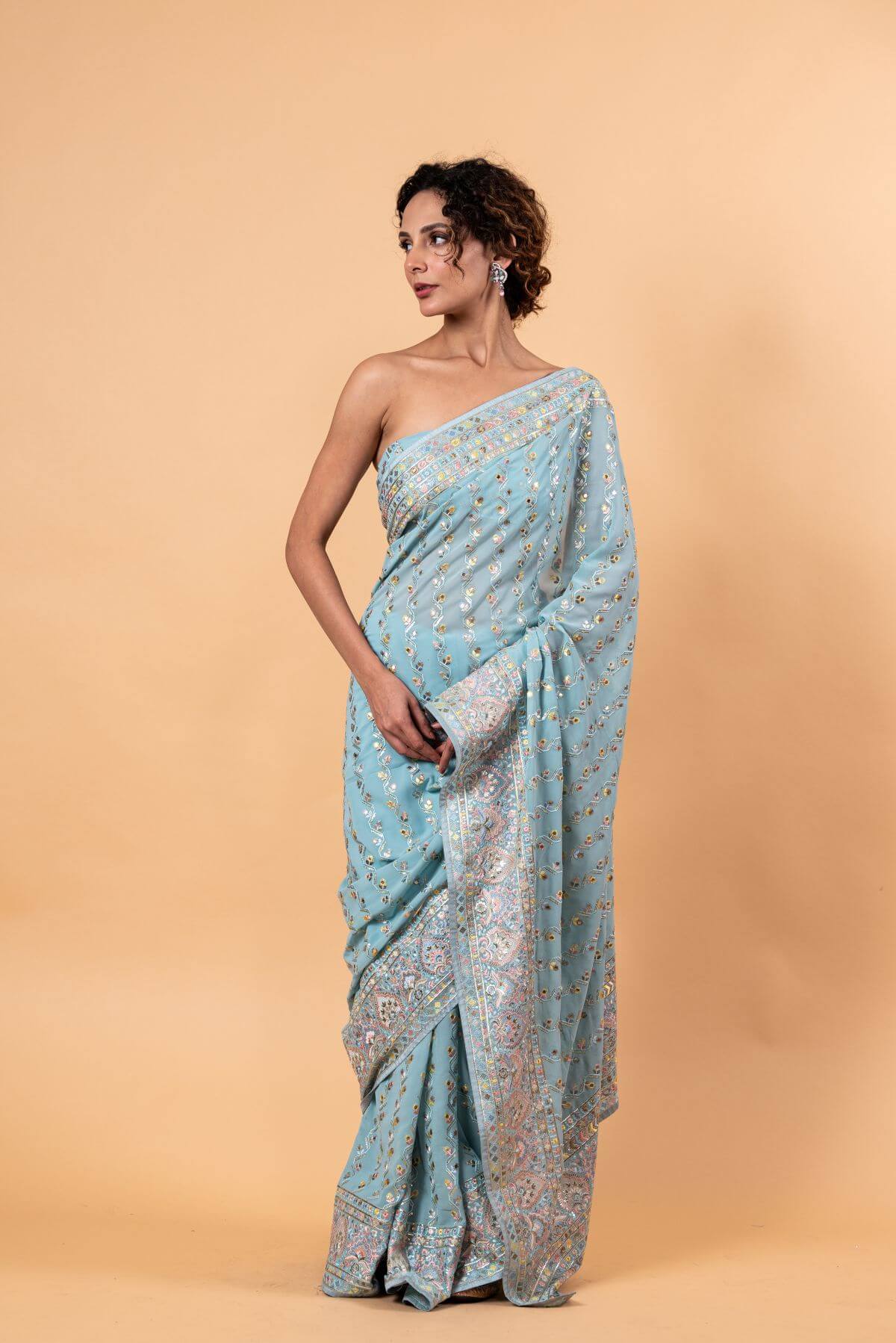 Blue Georgette Saree with Multicolor Floral Embroidery and Mirror Work - Anvi Couture