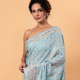 Blue Georgette Saree with Multicolor Floral Embroidery and Mirror Work - Anvi Couture