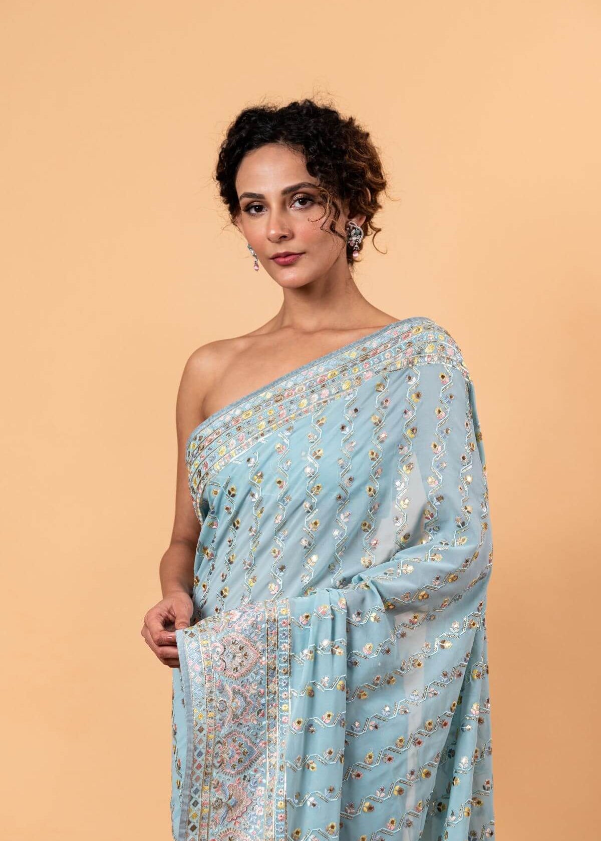 Blue Georgette Saree with Multicolor Floral Embroidery and Mirror Work - Anvi Couture
