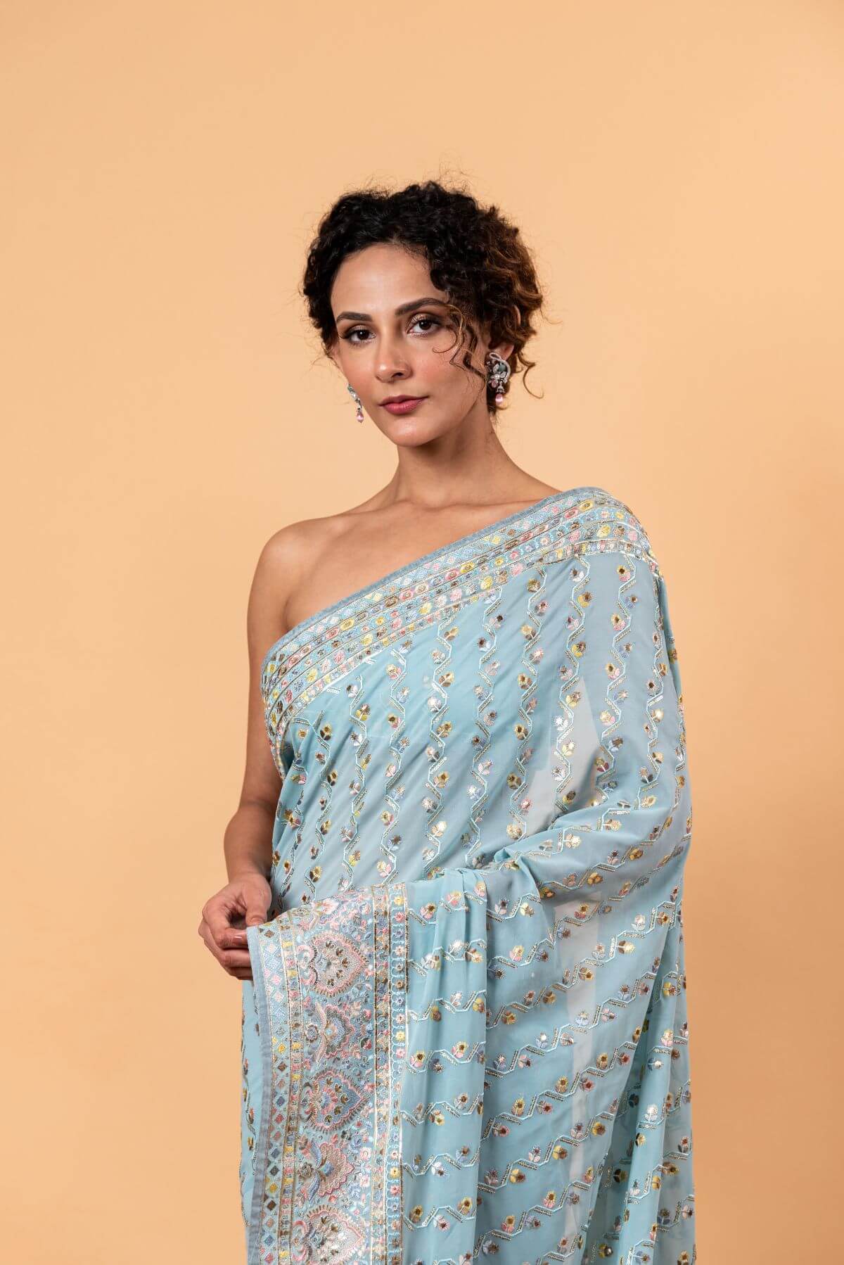 Blue Georgette Saree with Multicolor Floral Embroidery and Mirror Work - Anvi Couture