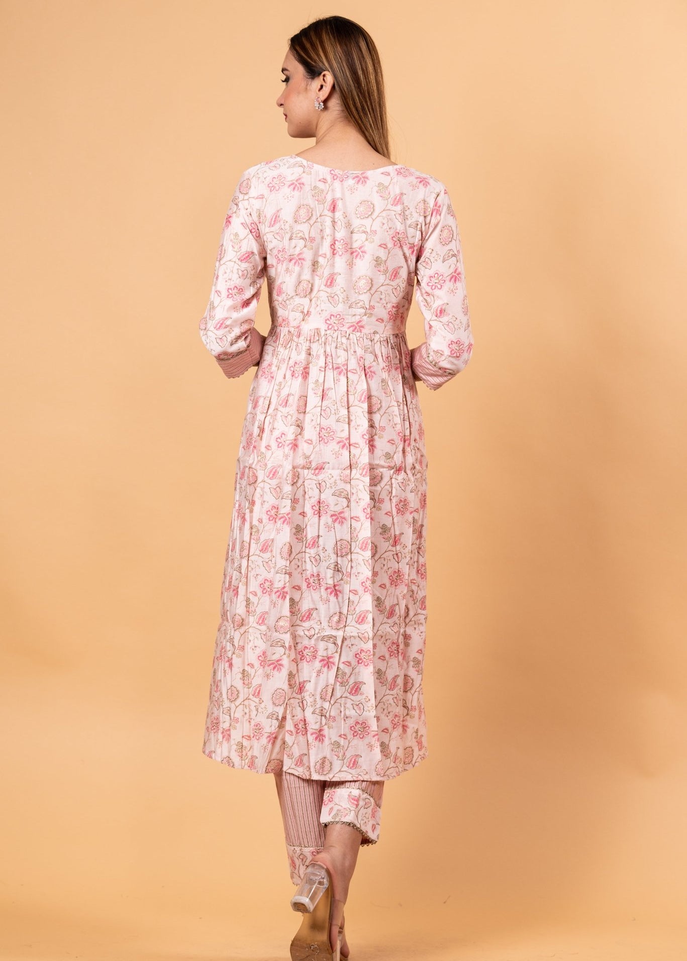 Pink Floral Printed Ethnic Motifs Embroidered Anarkali Kurti set - Anvi Couture