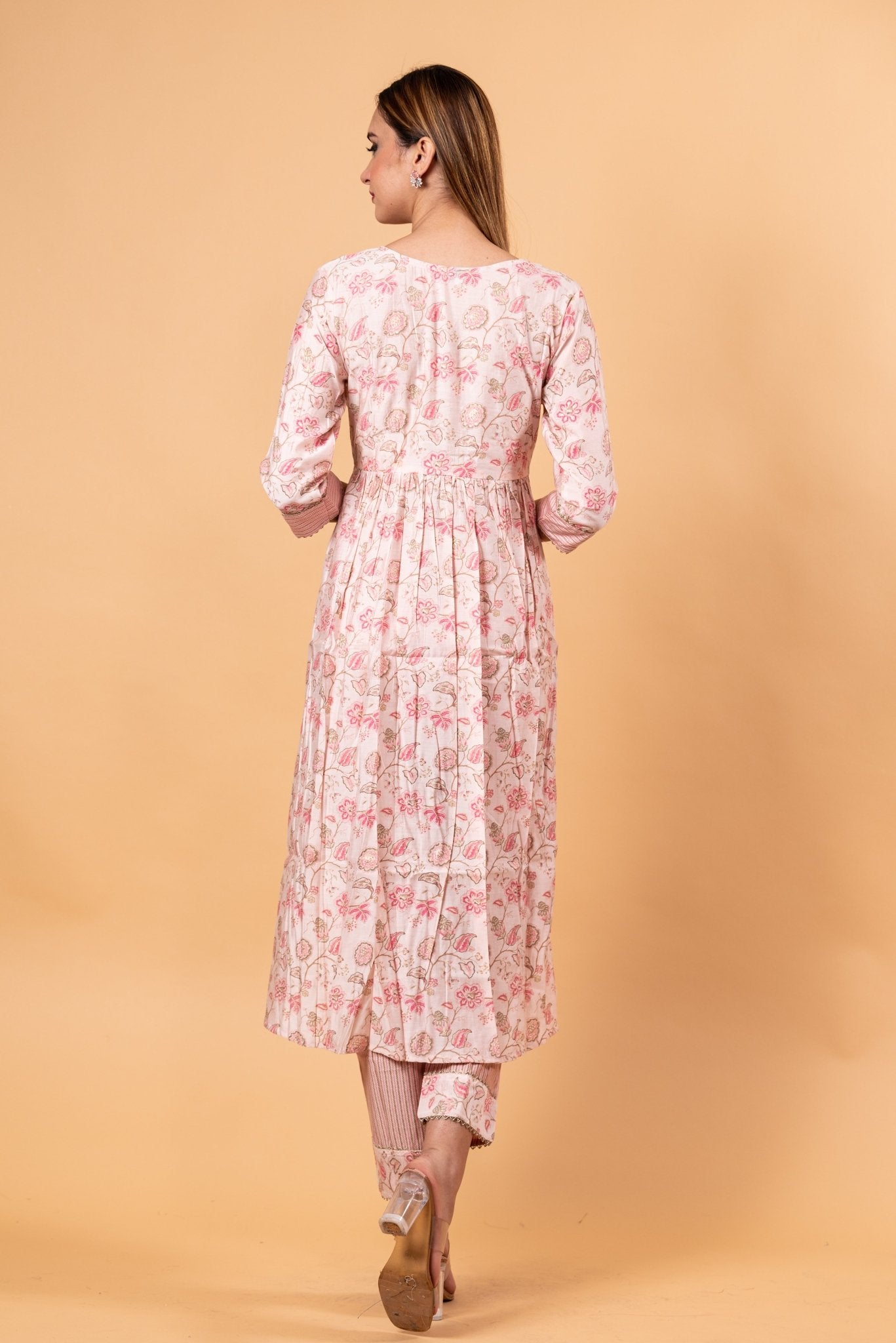 Pink Floral Printed Ethnic Motifs Embroidered Anarkali Kurti set - Anvi Couture