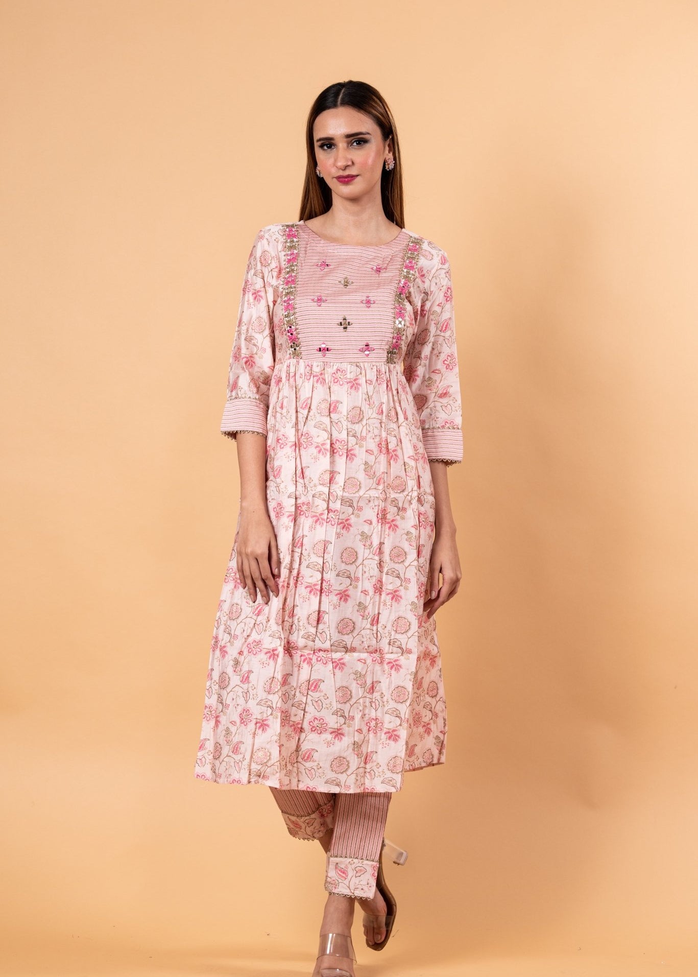 Pink Floral Printed Ethnic Motifs Embroidered Anarkali Kurti set - Anvi Couture