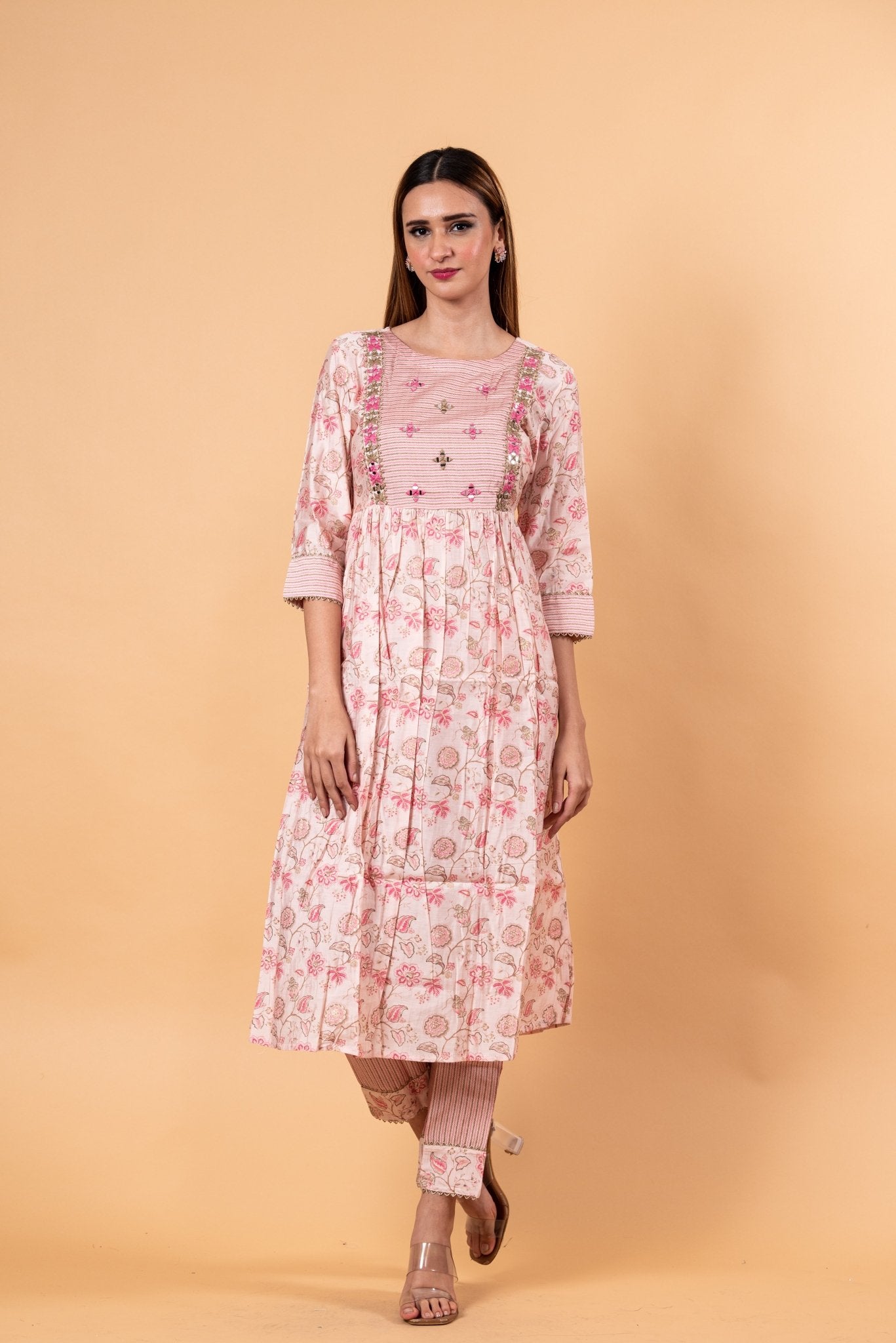 Pink Floral Printed Ethnic Motifs Embroidered Anarkali Kurti set - Anvi Couture