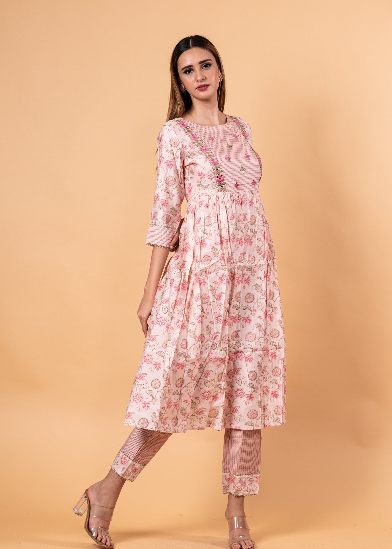 Pink Floral Printed Ethnic Motifs Embroidered Anarkali Kurti set - Anvi Couture