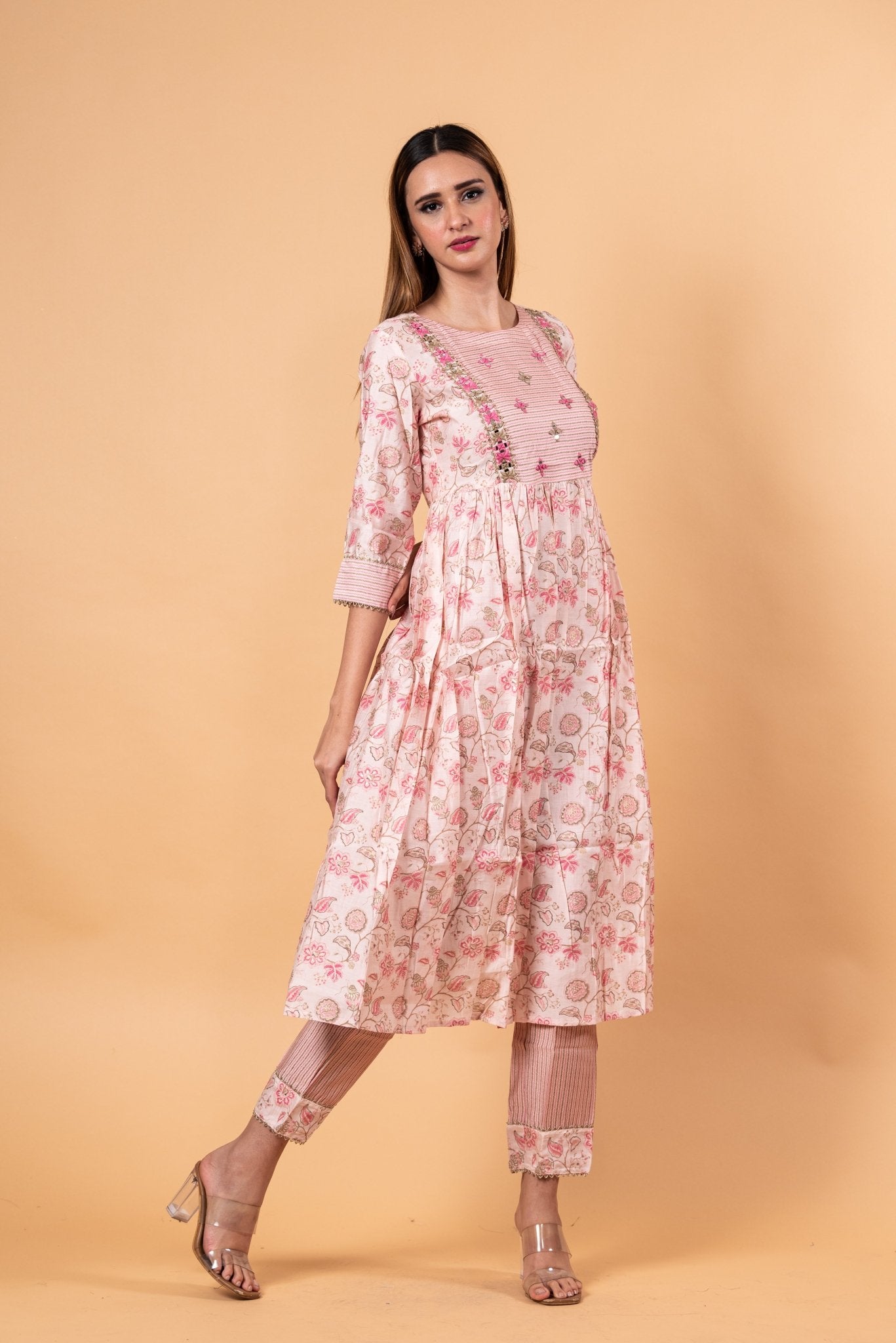 Pink Floral Printed Ethnic Motifs Embroidered Anarkali Kurti set - Anvi Couture