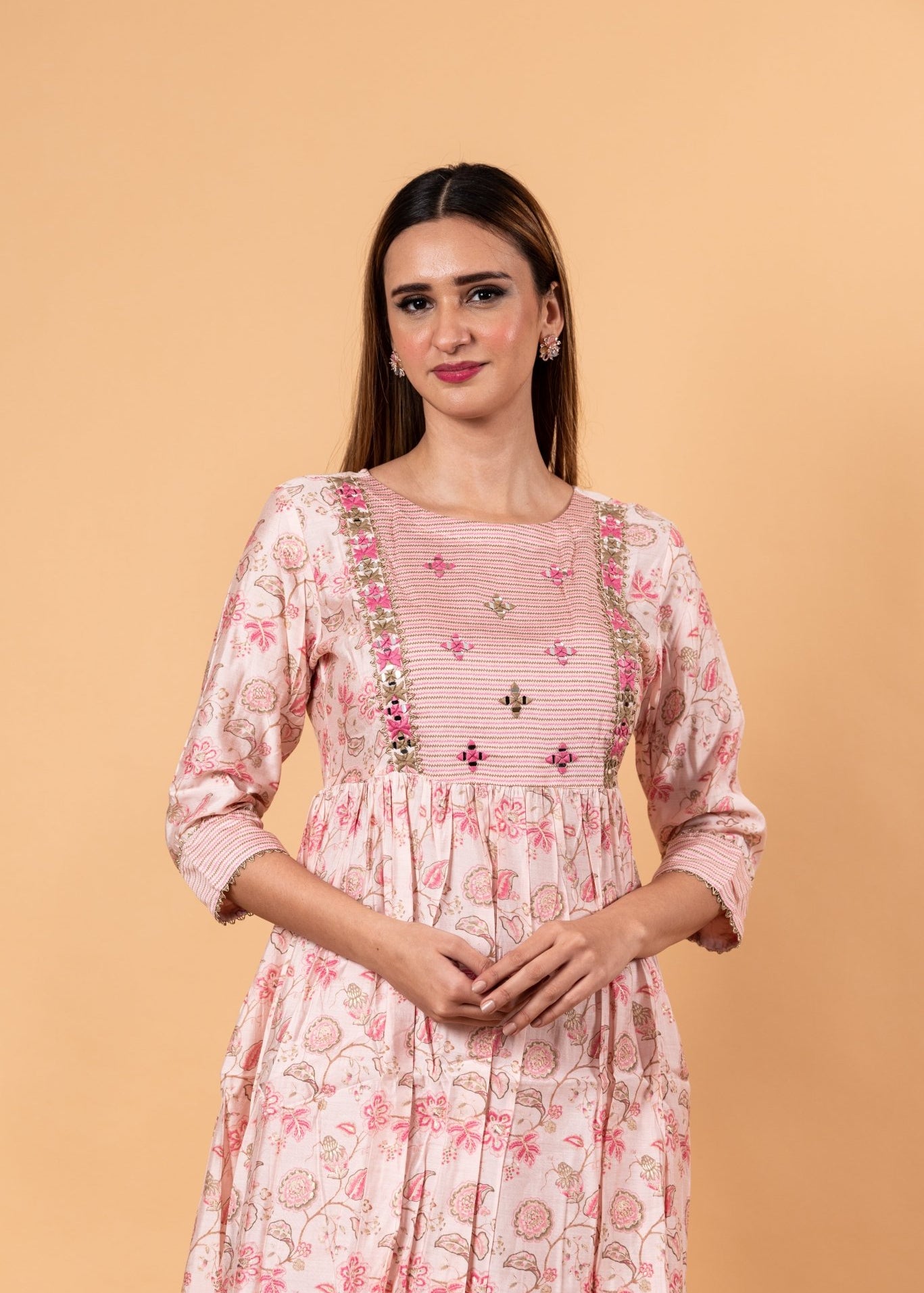 Pink Floral Printed Ethnic Motifs Embroidered Anarkali Kurti set - Anvi Couture