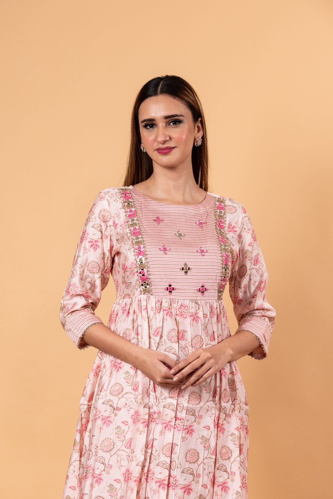 Pink Floral Printed Ethnic Motifs Embroidered Anarkali Kurti set