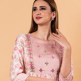 Pink Floral Printed Ethnic Motifs Embroidered Anarkali Kurti set