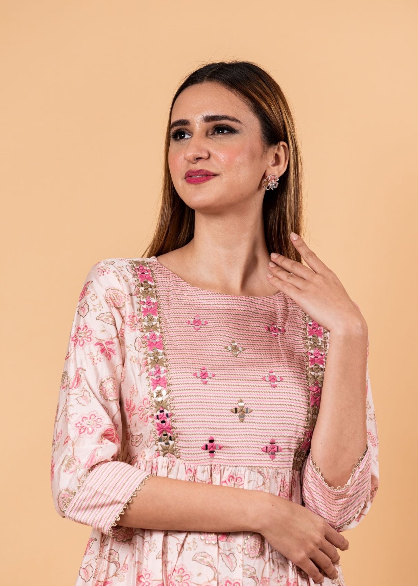 Pink Floral Printed Ethnic Motifs Embroidered Anarkali Kurti set - Anvi Couture