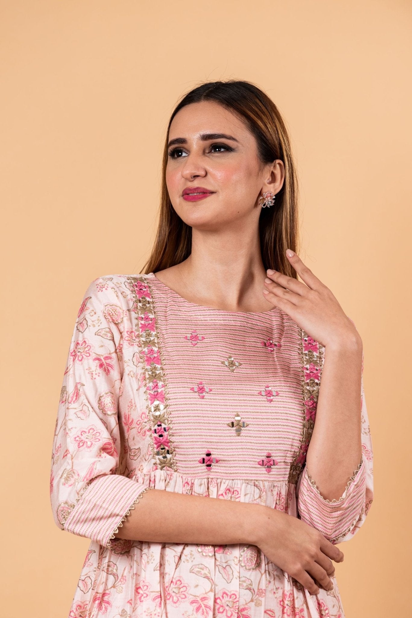 Pink Floral Printed Ethnic Motifs Embroidered Anarkali Kurti set - Anvi Couture