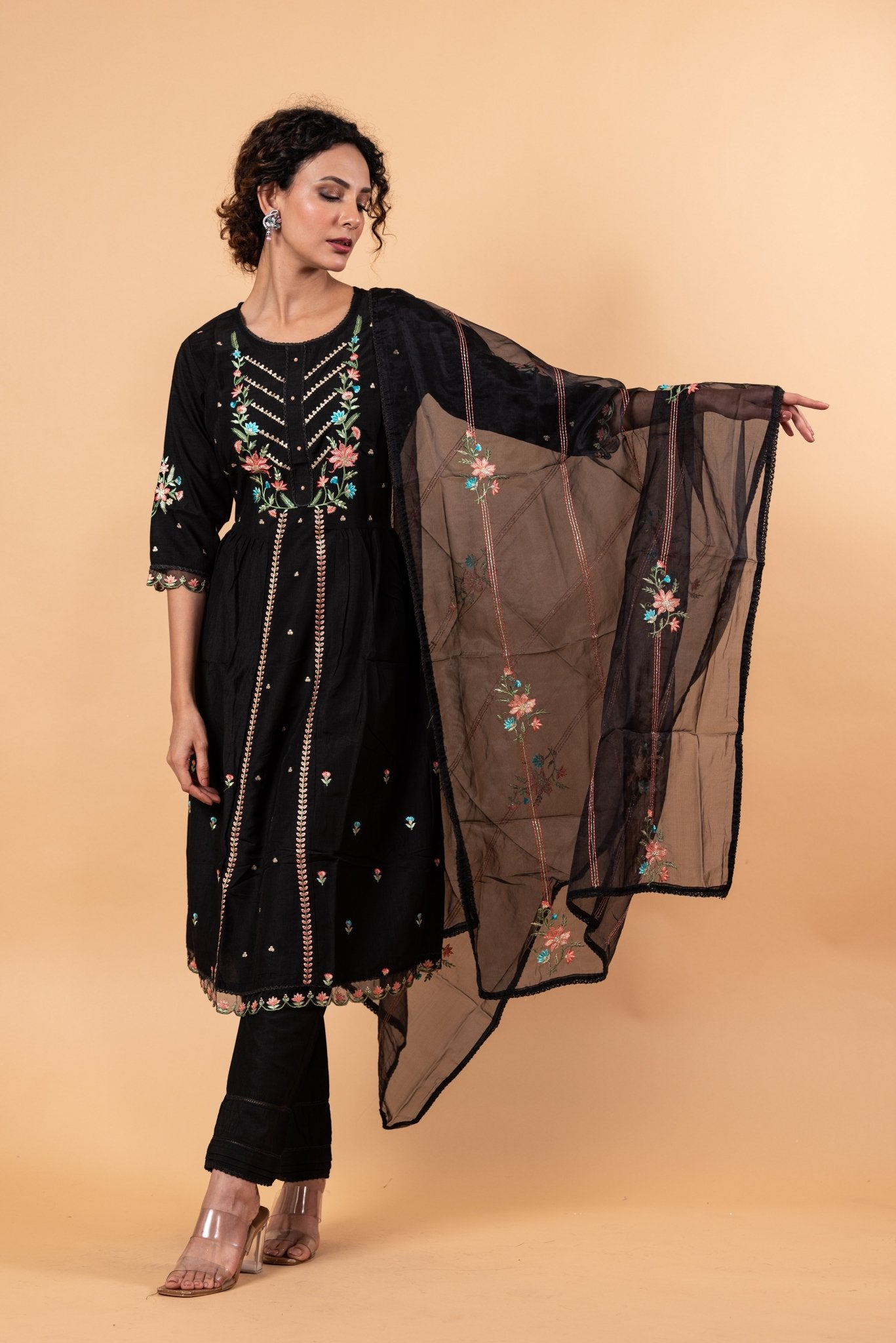 Black Anarkali Floral Embroidery Kurti Set - Anvi Couture