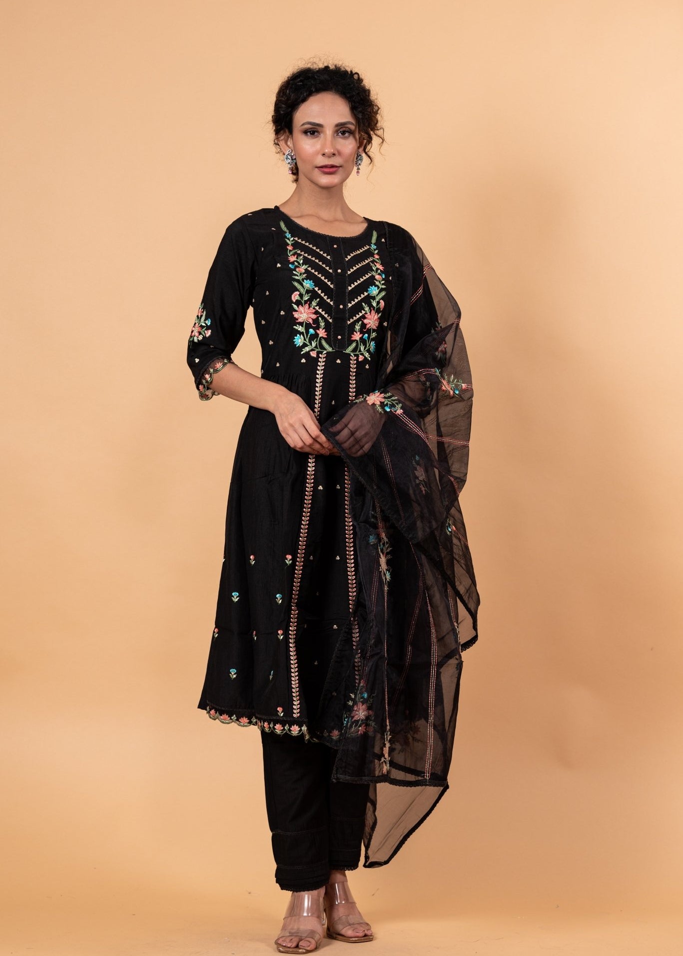 Black Anarkali Floral Embroidery Kurti Set - Anvi Couture