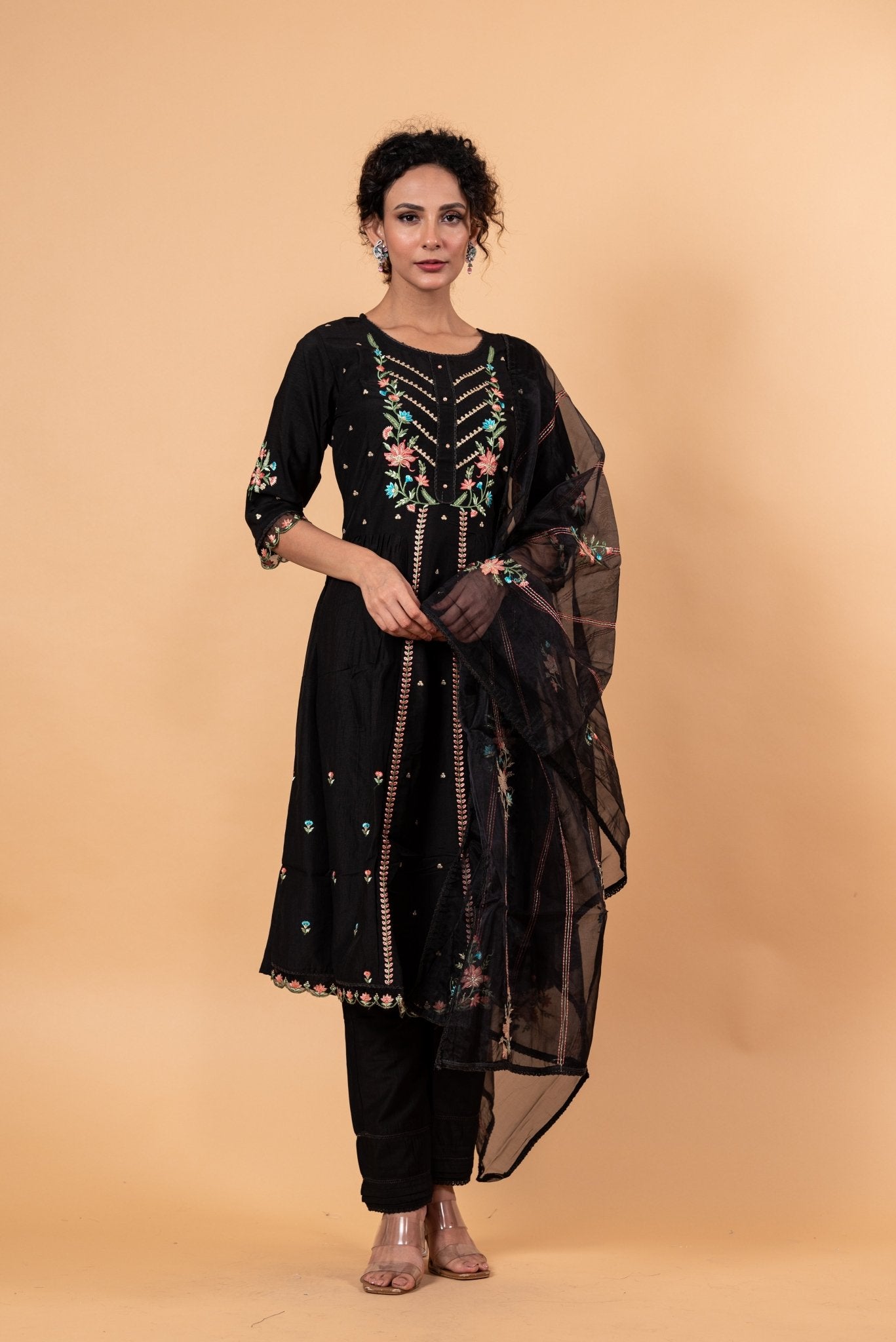 Black Anarkali Floral Embroidery Kurti Set - Anvi Couture