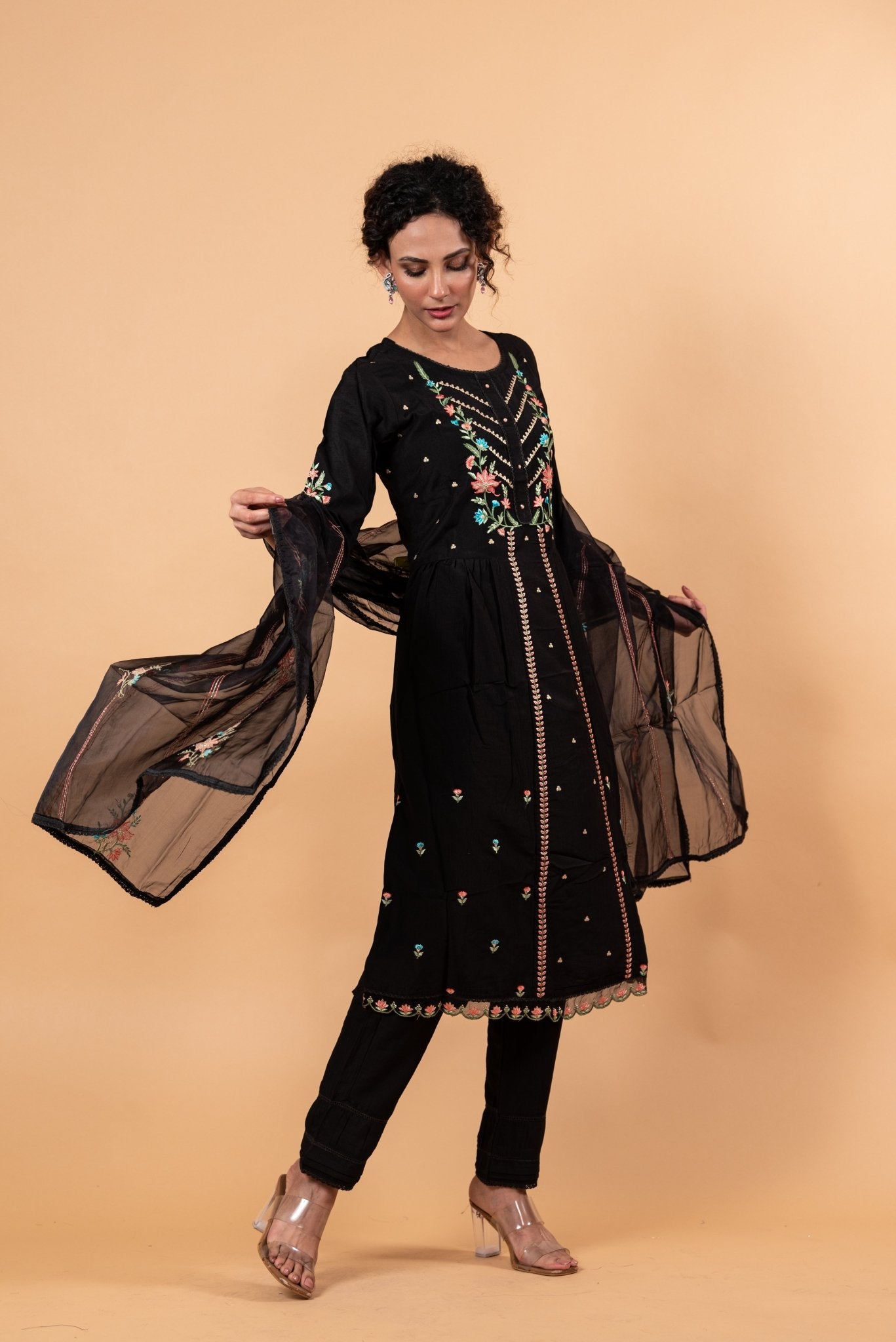 Black Anarkali Floral Embroidery Kurti Set - Anvi Couture