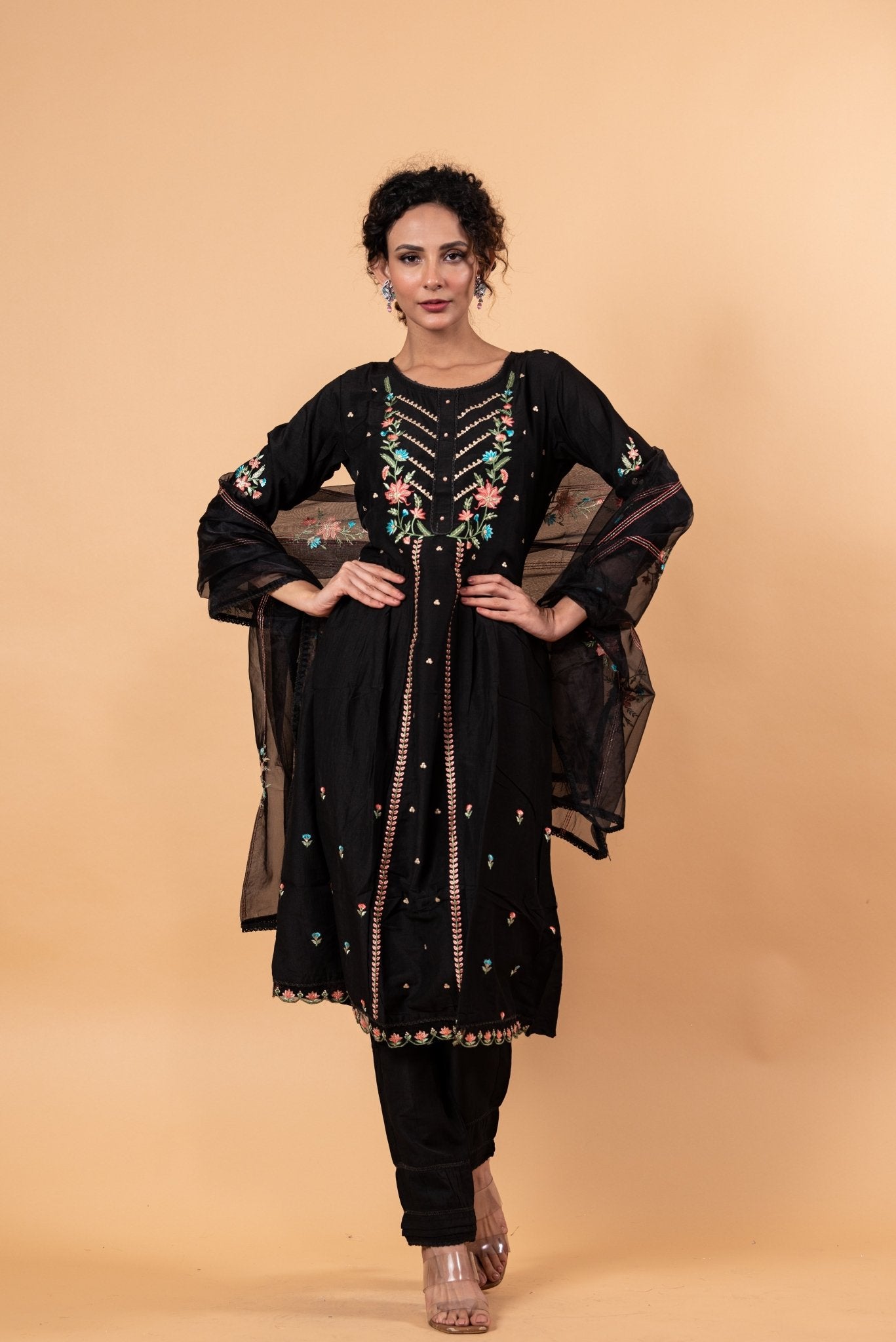 Black Anarkali Floral Embroidery Kurti Set - Anvi Couture