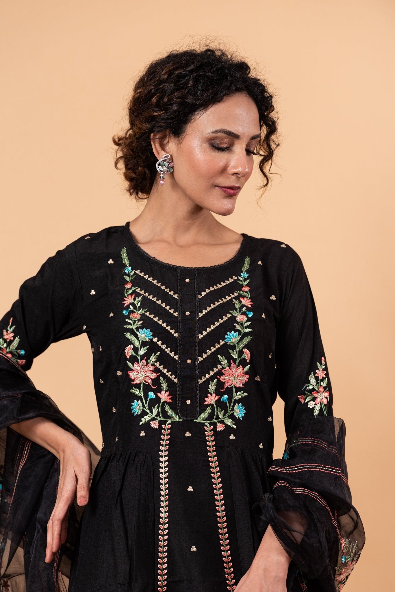 Black Anarkali Floral Embroidery Kurti Set - Anvi Couture