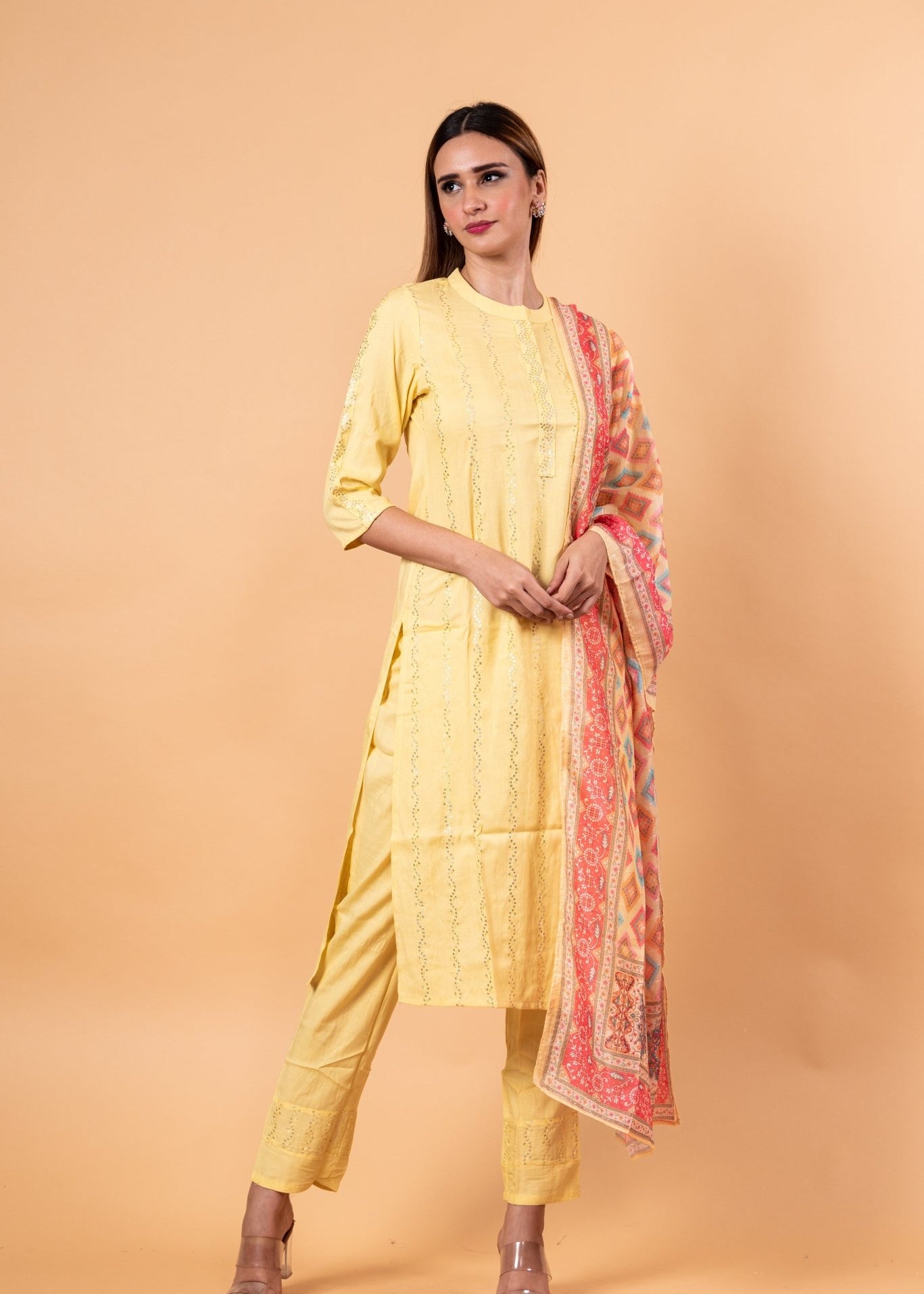 Yellow Kurti Set in Sequins Work with Printed Dupatta - Anvi Couture