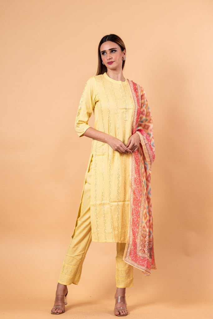 Yellow Kurti Set for Women in Sequins Work with Printed Dupatta