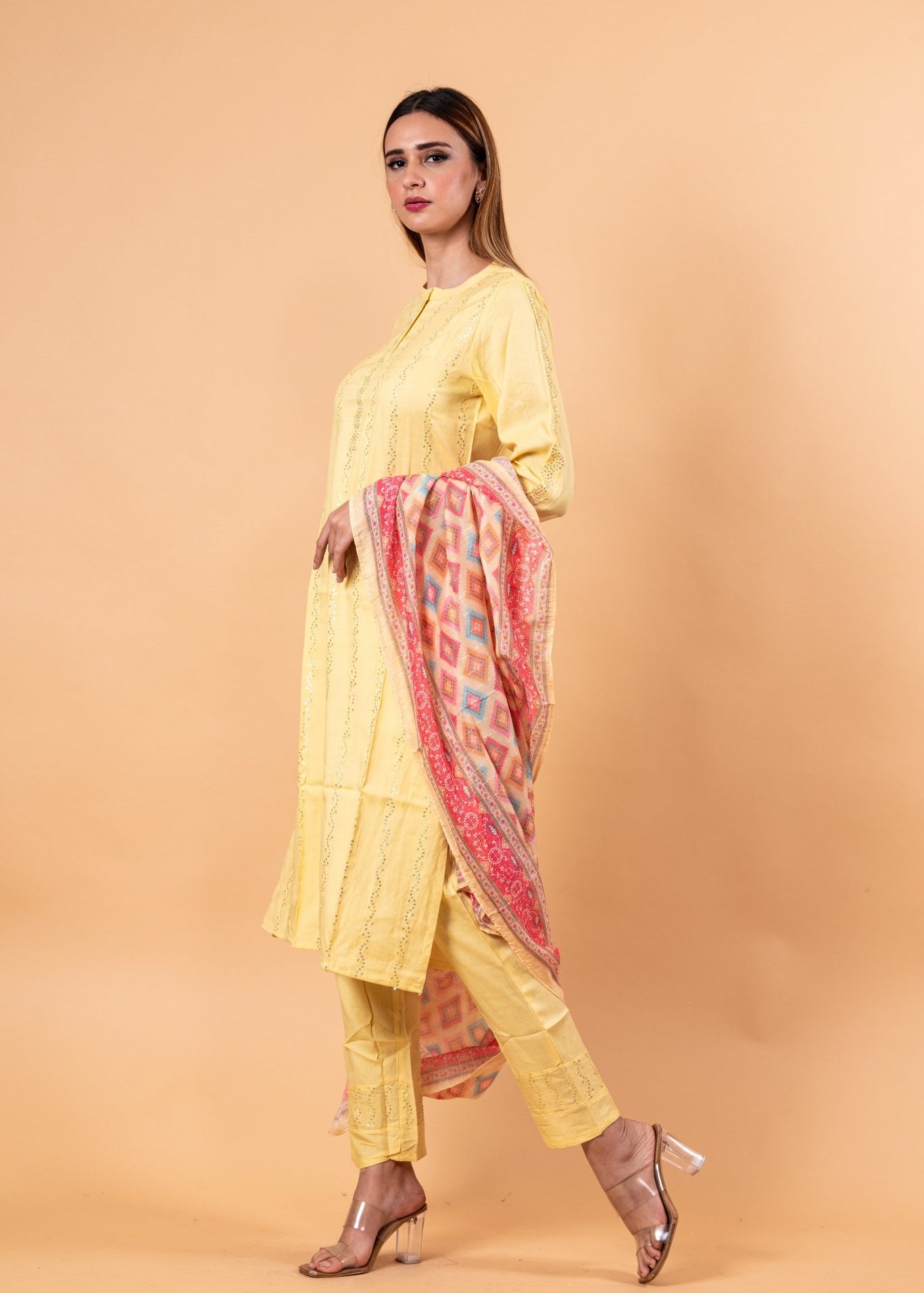 Yellow Kurti Set in Sequins Work with Printed Dupatta - Anvi Couture