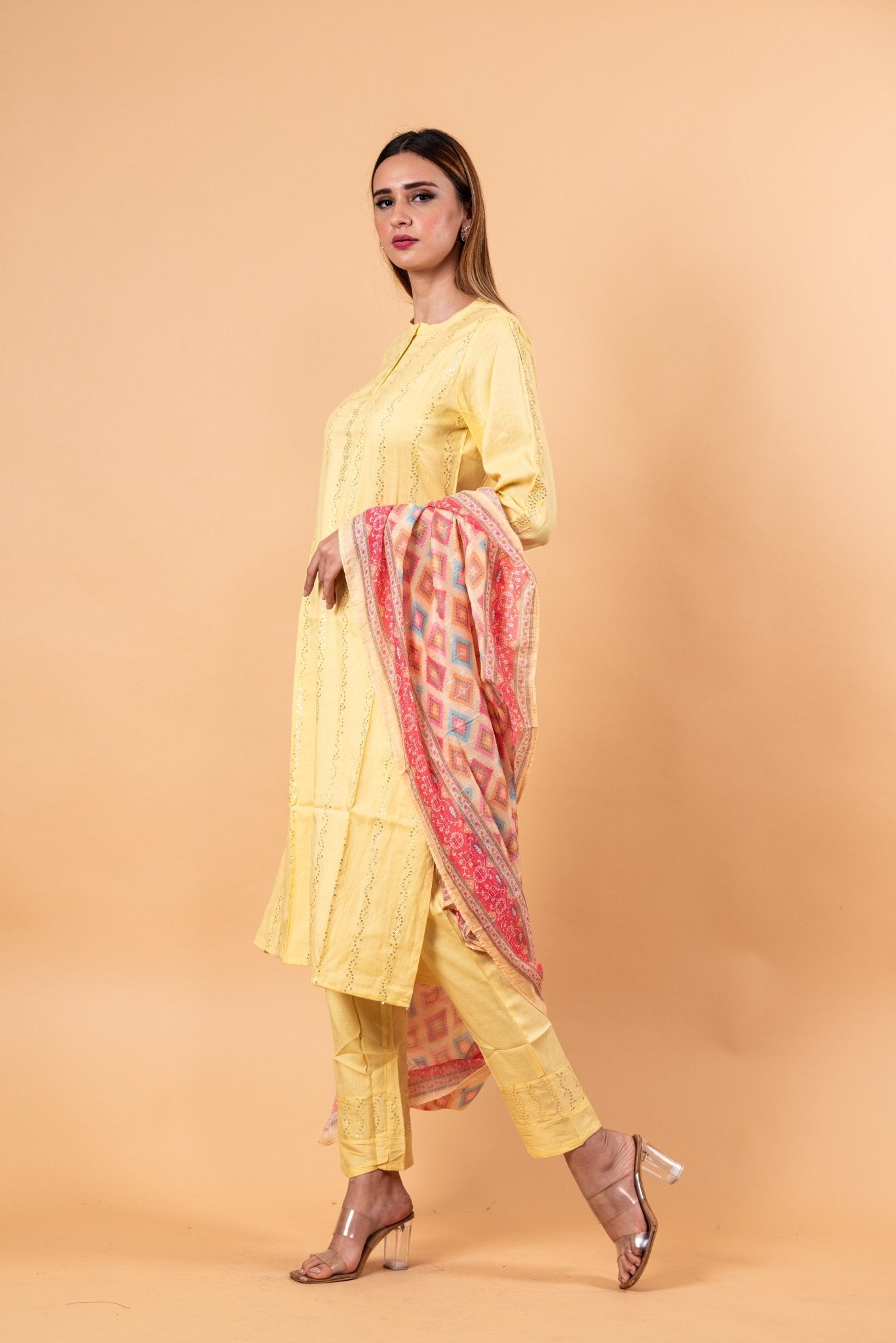 Yellow Kurti Set in Sequins Work with Printed Dupatta - Anvi Couture