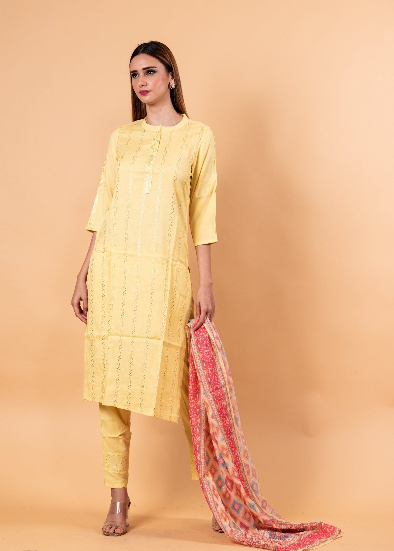 Yellow Kurti Set in Sequins Work with Printed Dupatta - Anvi Couture