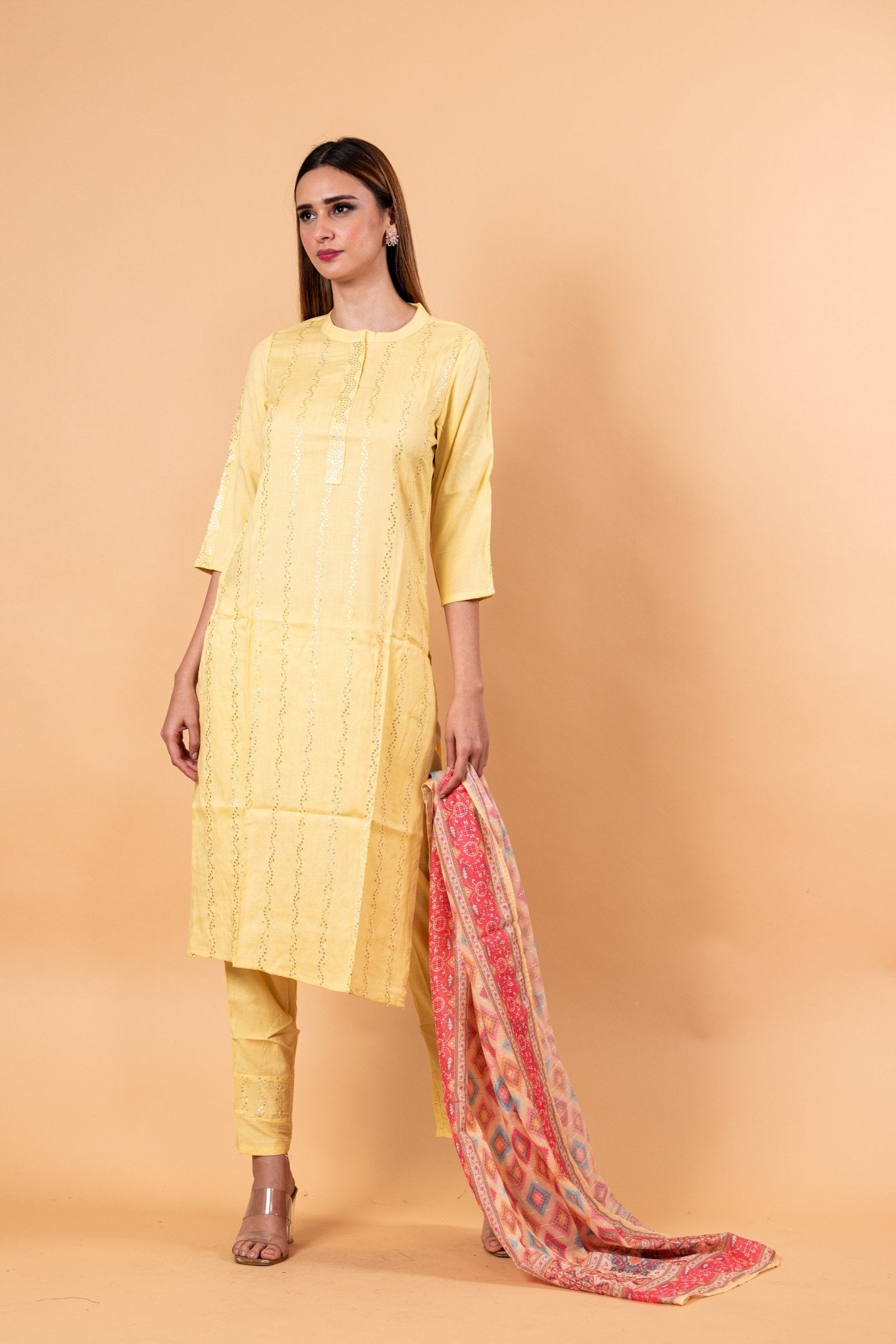 Yellow Kurti Set in Sequins Work with Printed Dupatta - Anvi Couture