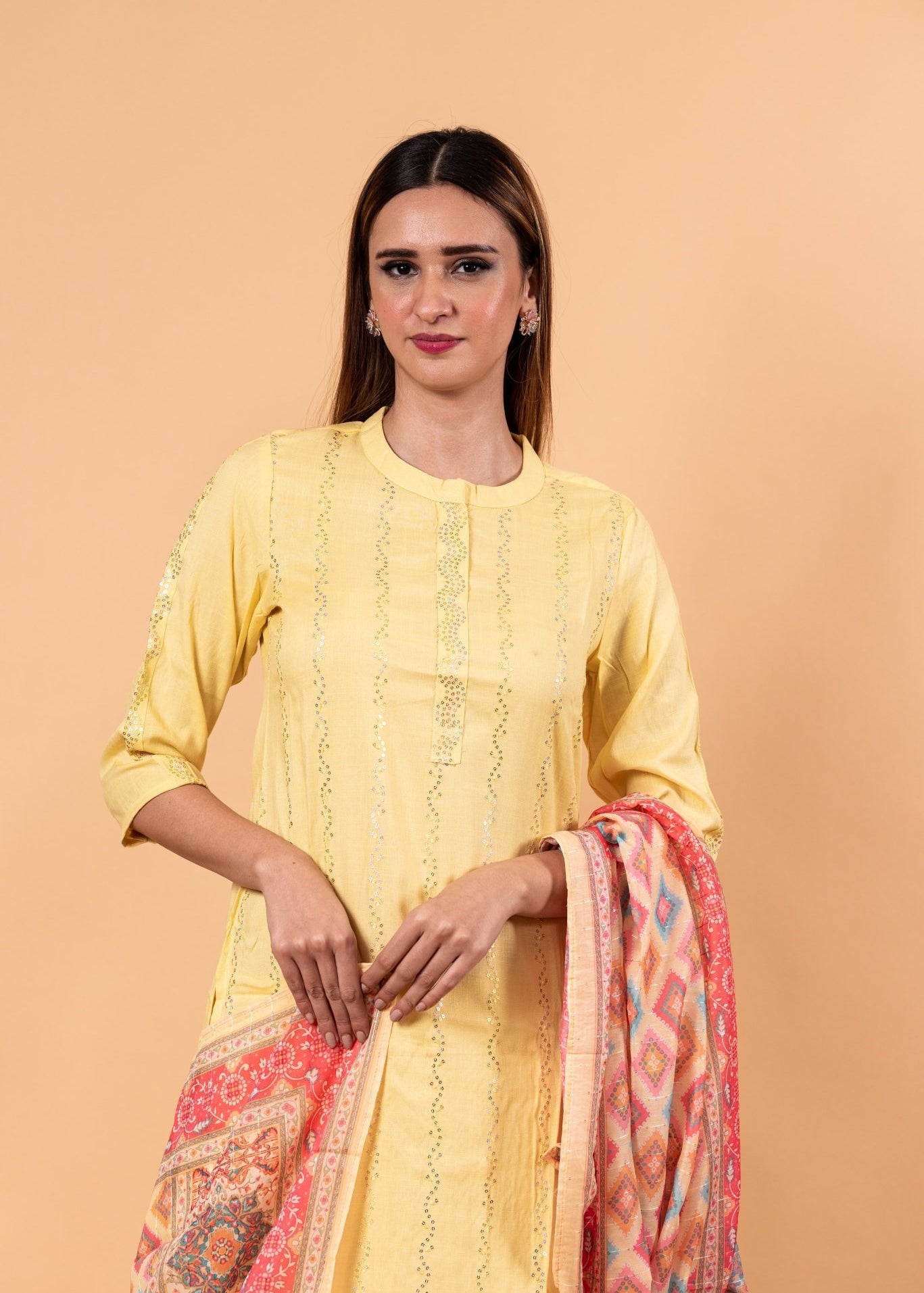 Yellow Kurti Set in Sequins Work with Printed Dupatta - Anvi Couture