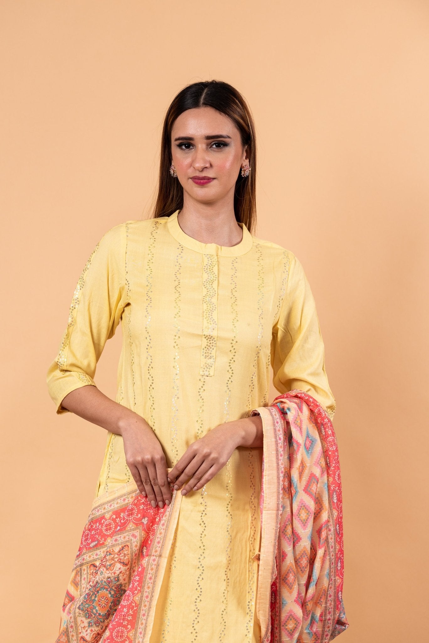 Yellow Kurti Set in Sequins Work with Printed Dupatta - Anvi Couture