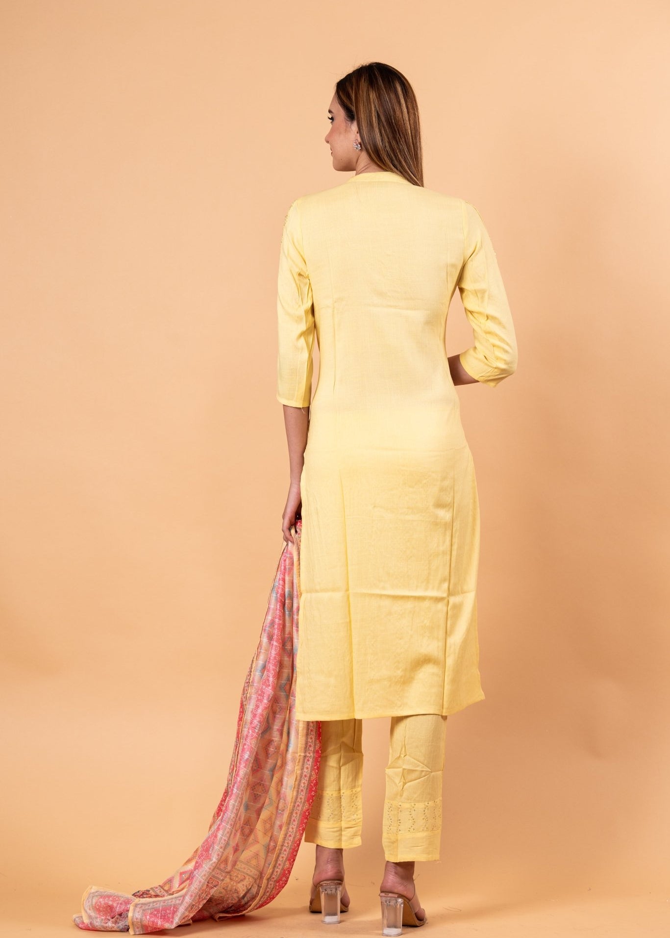 Yellow Kurti Set in Sequins Work with Printed Dupatta - Anvi Couture