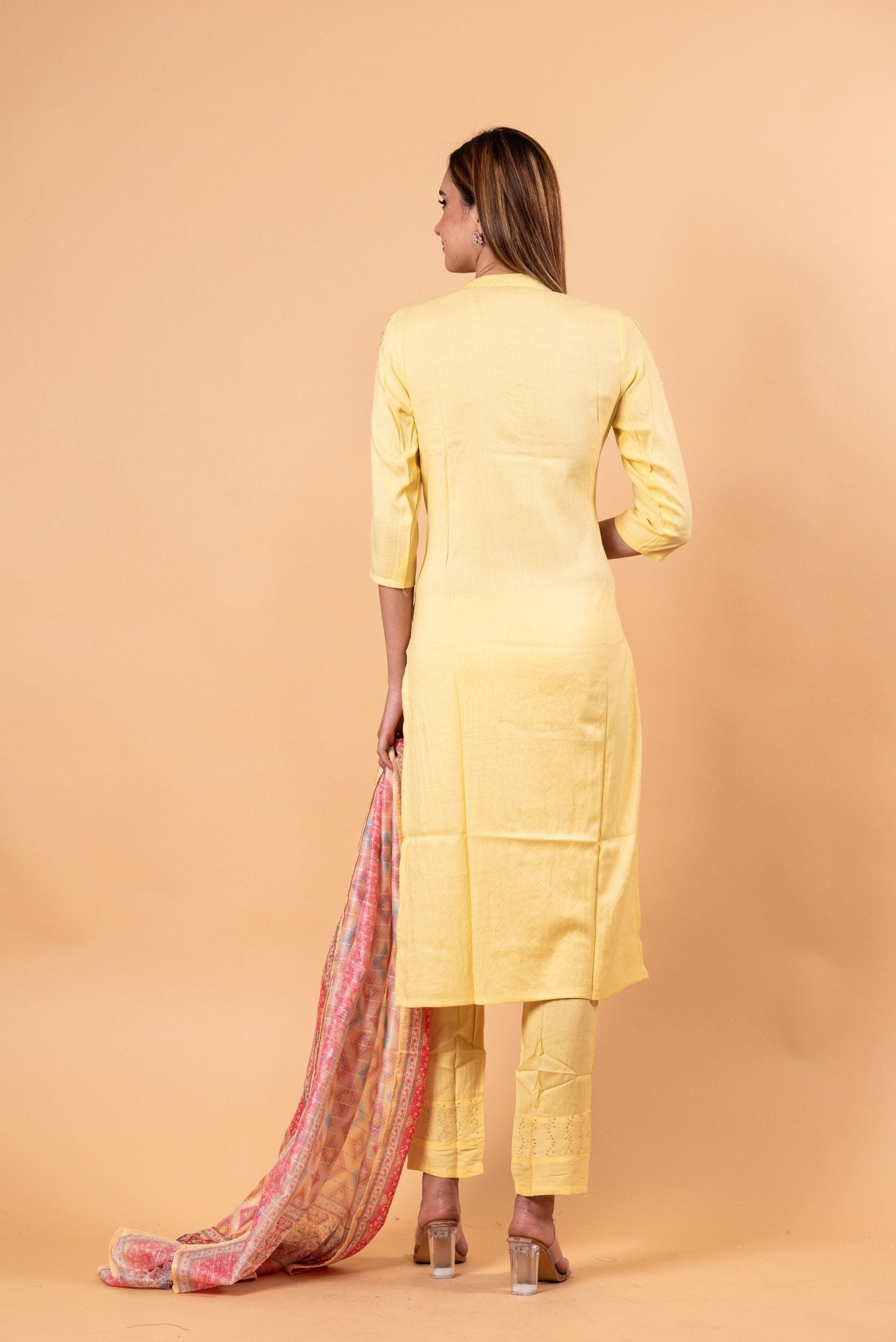 Yellow Kurti Set in Sequins Work with Printed Dupatta - Anvi Couture