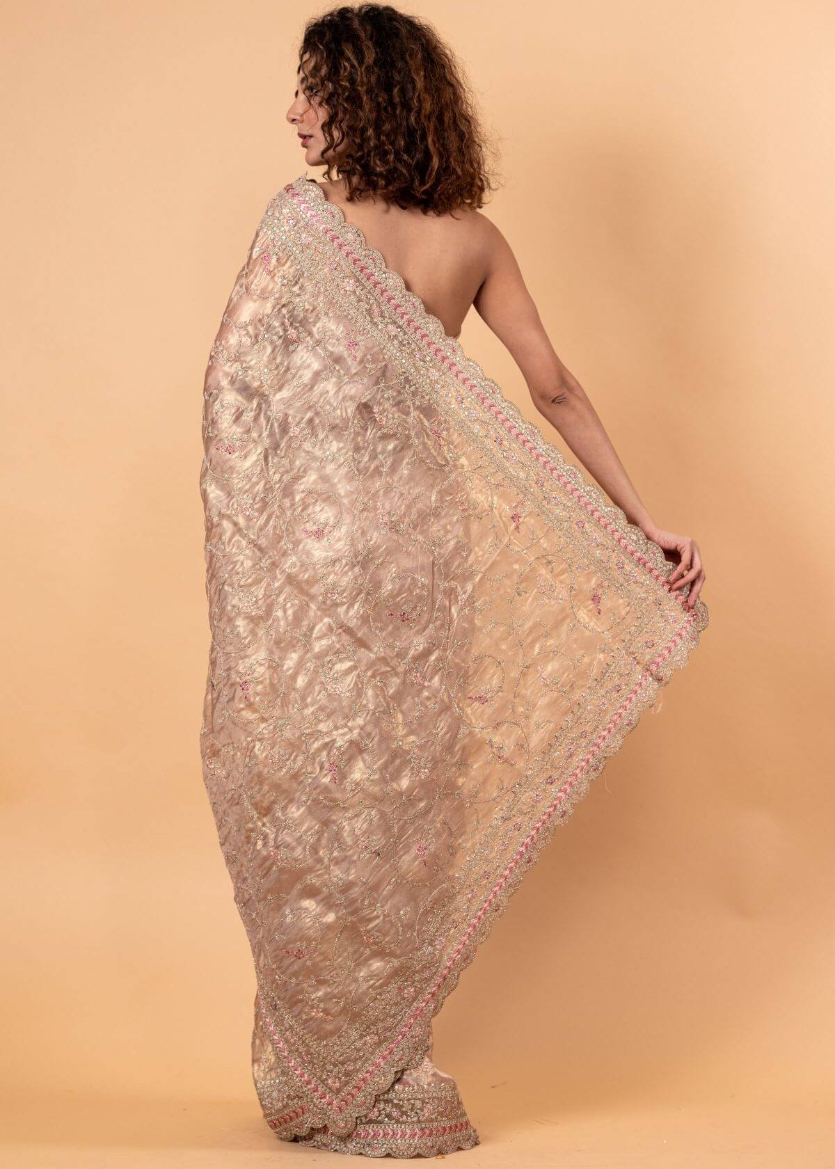 Pink Tissue Silk Saree with All - Over Floral Zari Embroidery - Anvi Couture