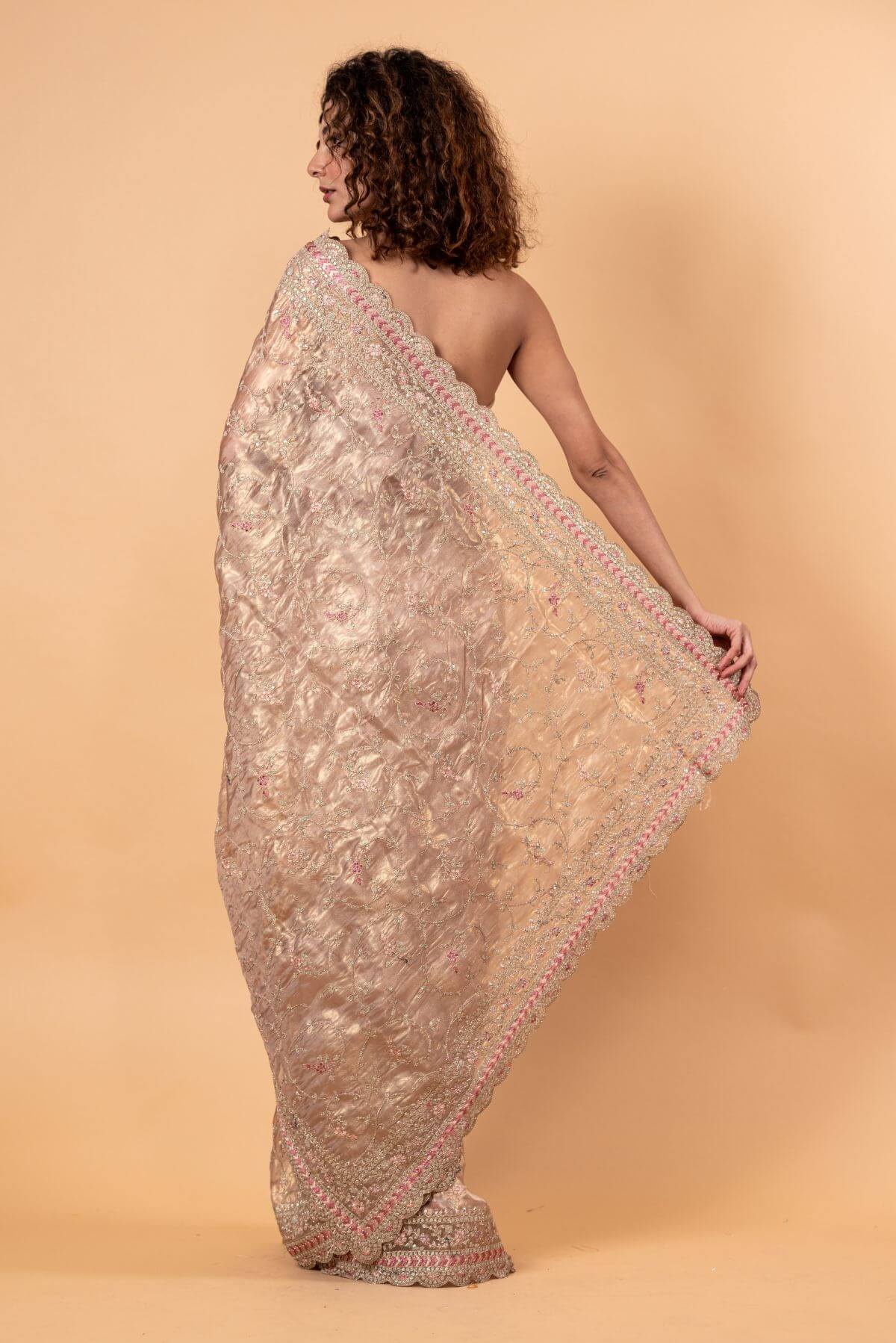 Pink Tissue Silk Saree with All-Over Floral Zari Embroidery - Image 4