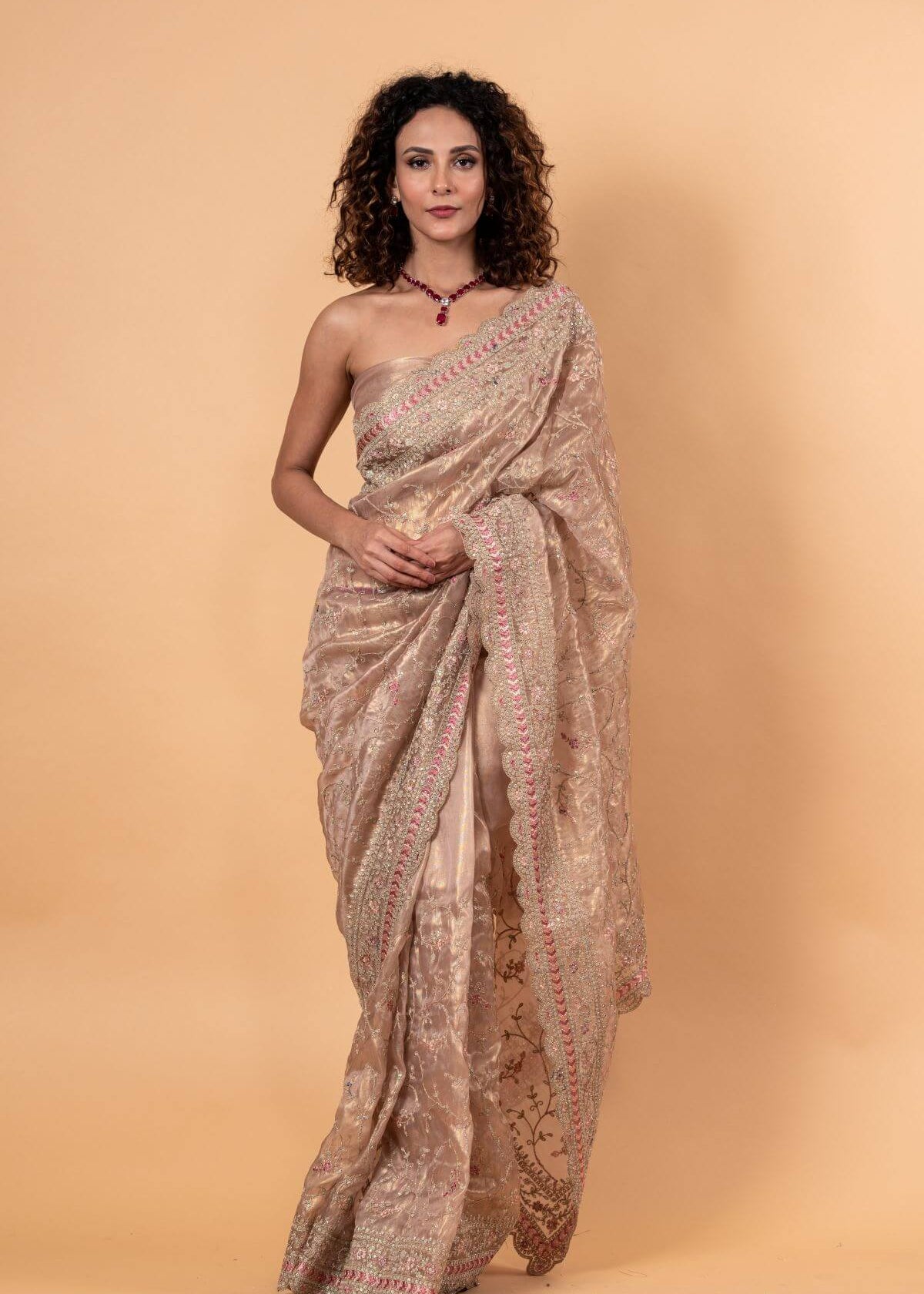 Pink Tissue Silk Saree with All-Over Floral Zari Embroidery - Image 1