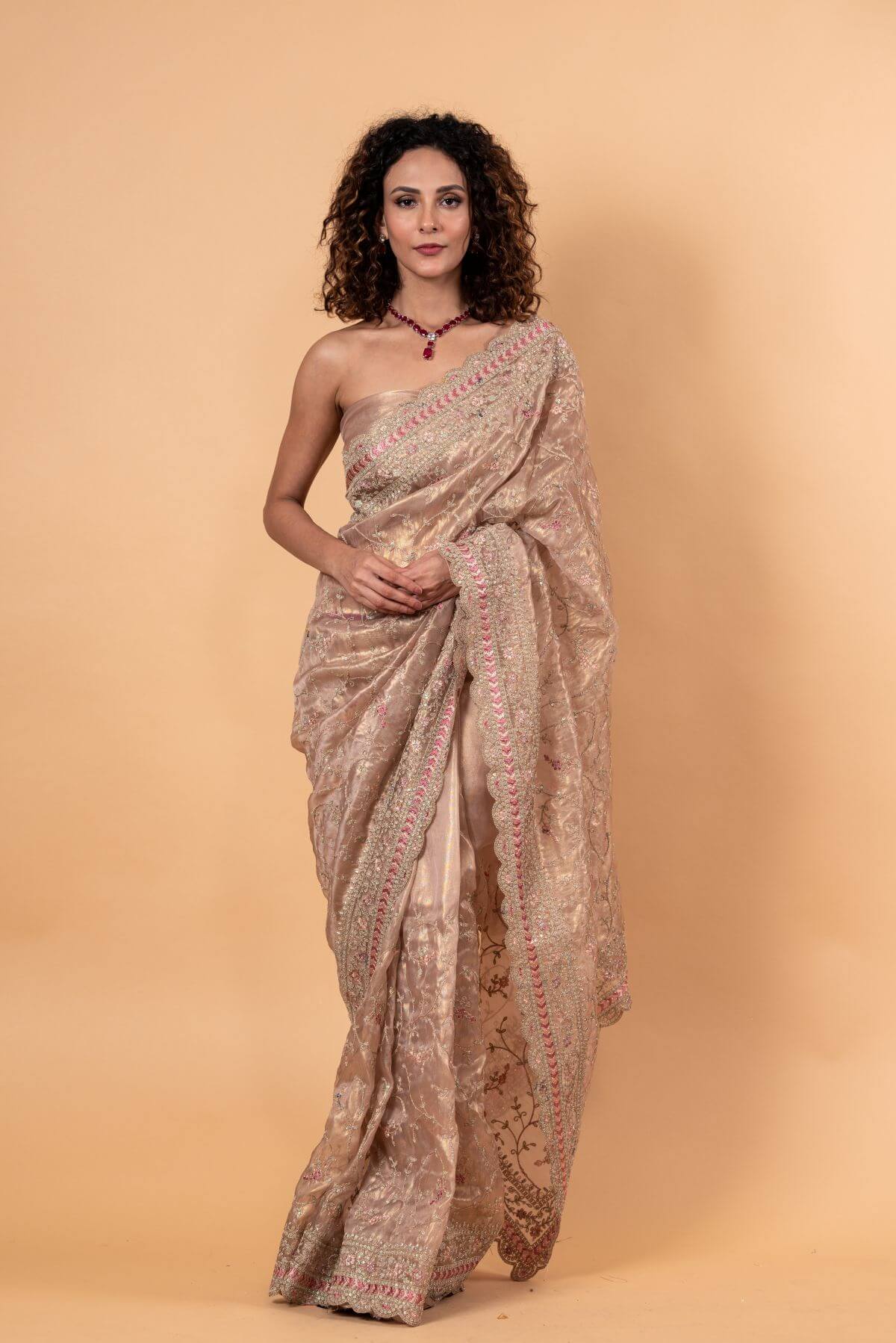 Pink Tissue Silk Saree with All-Over Floral Zari Embroidery - Image 1