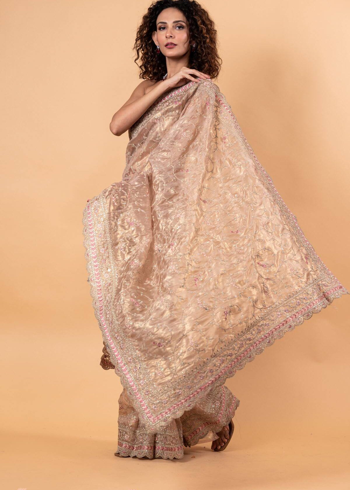 Pink Tissue Silk Saree with All-Over Floral Zari Embroidery - Image 2