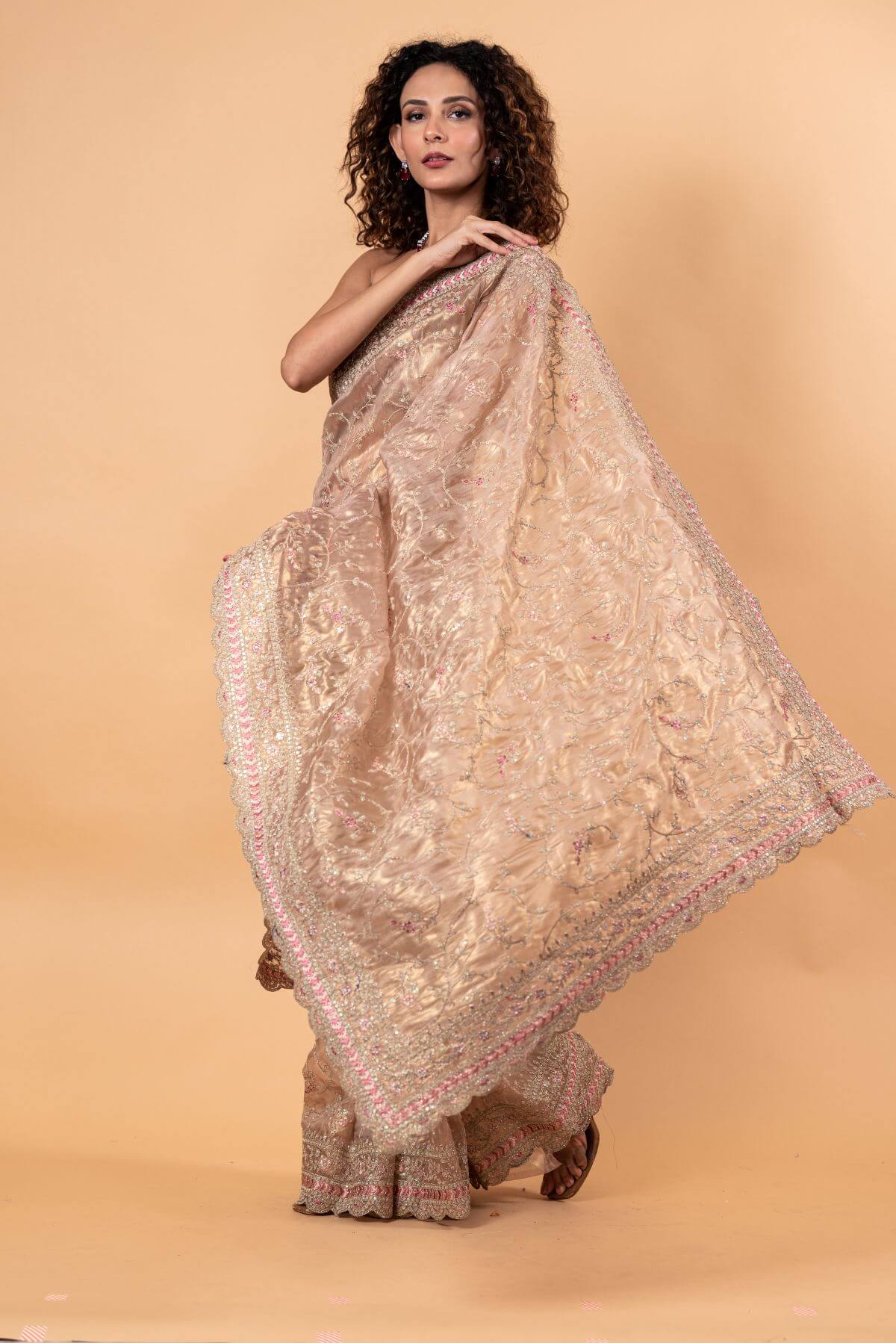 Pink Tissue Silk Saree with All-Over Floral Zari Embroidery - Image 2