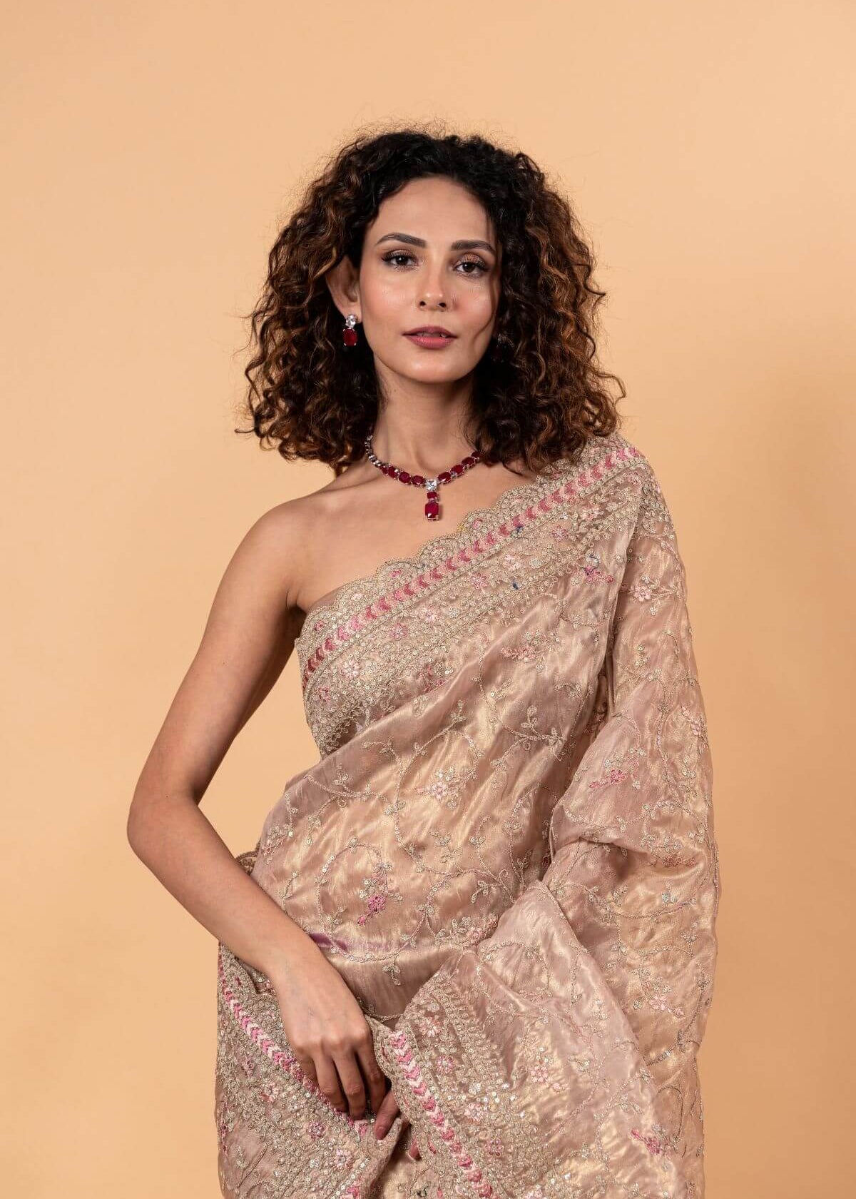 Pink Tissue Silk Saree with All - Over Floral Zari Embroidery - Anvi Couture