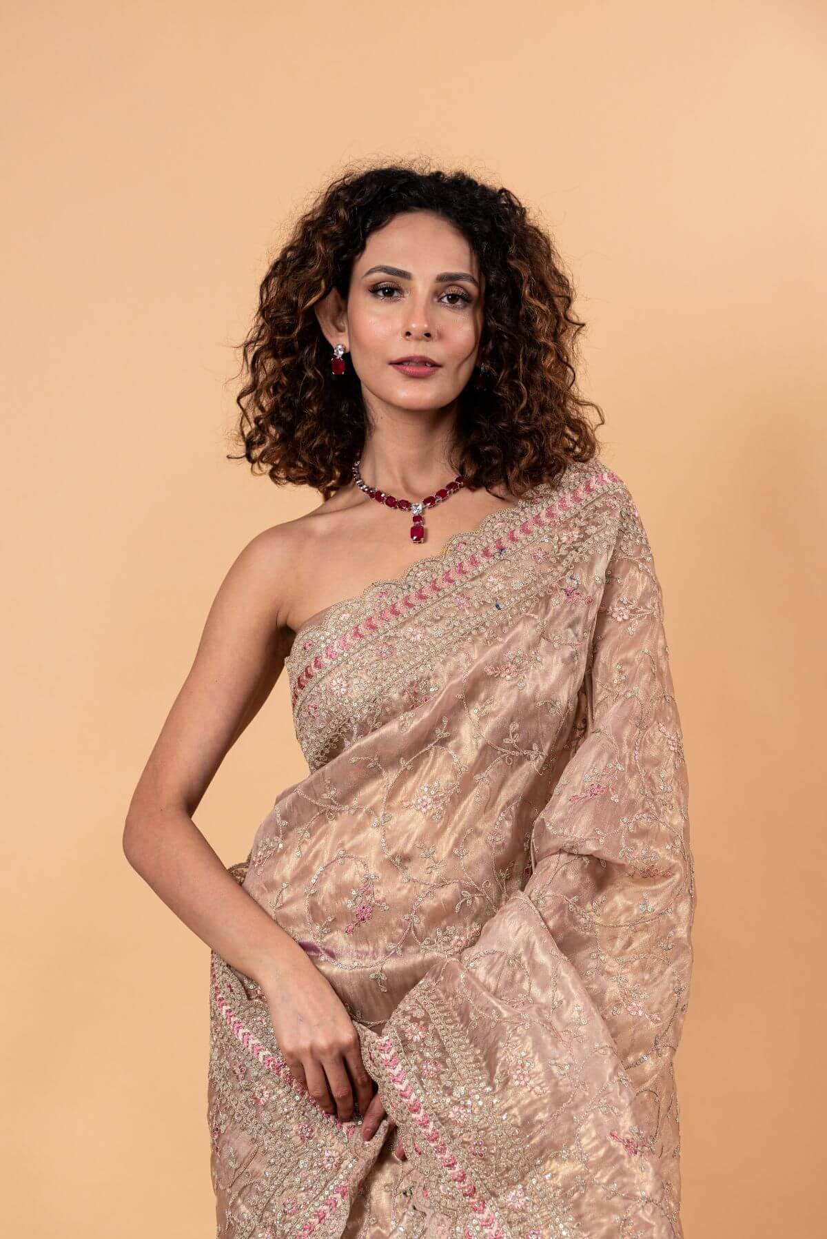 Pink Tissue Silk Saree with All-Over Floral Zari Embroidery - Image 3