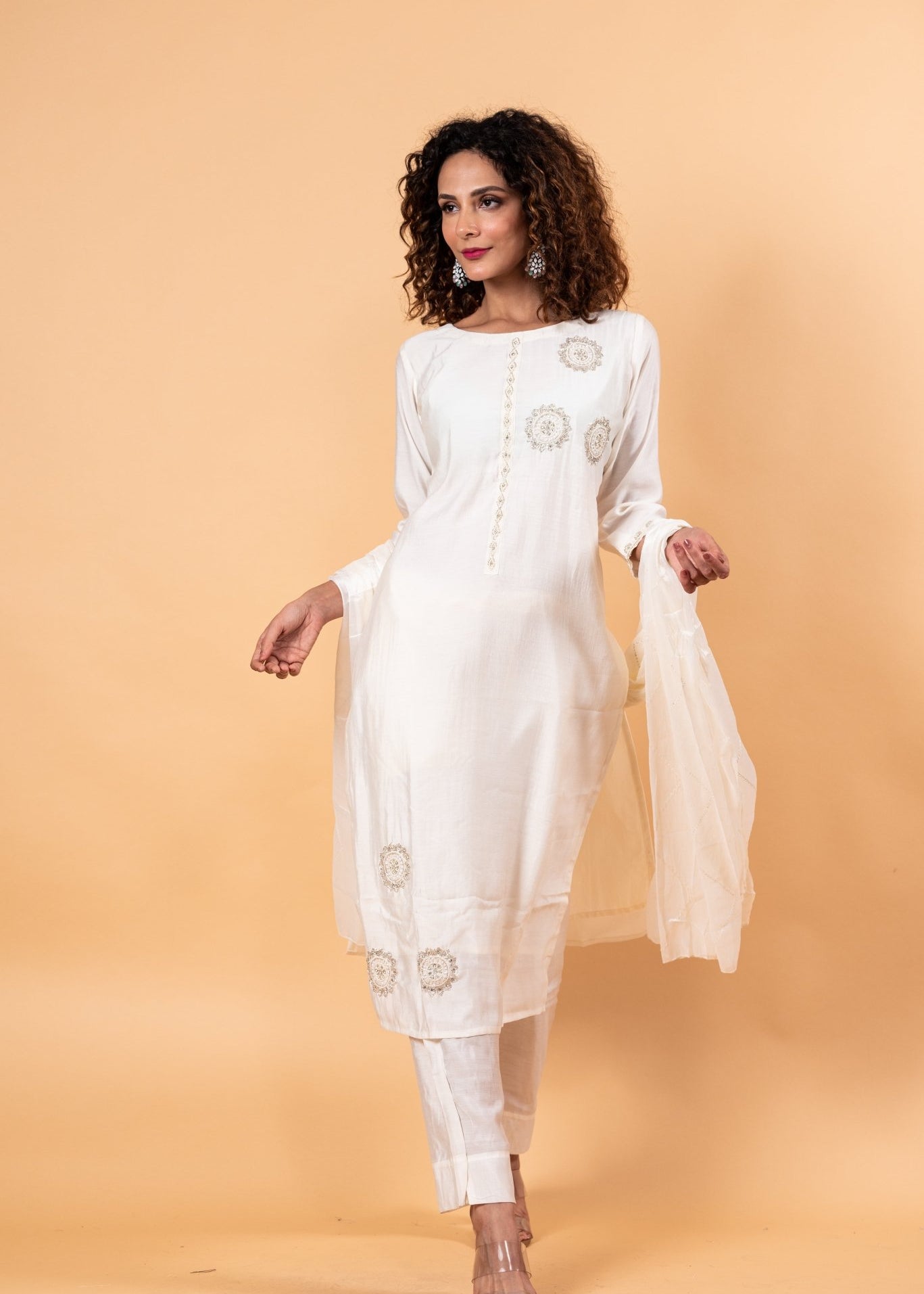 Women Ethnic Motifs Silk Ethereal Embroidery Kurta Set with Dupatta - Anvi Couture