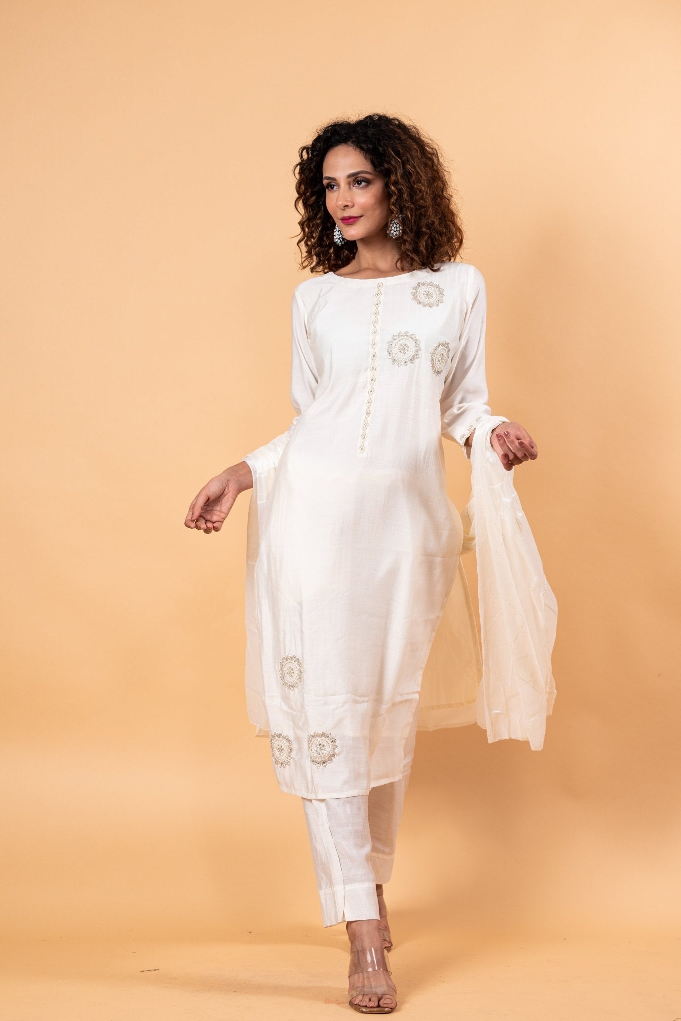 Women Ethnic Motifs Silk Ethereal Embroidery Kurta Set with Dupatta - Anvi Couture