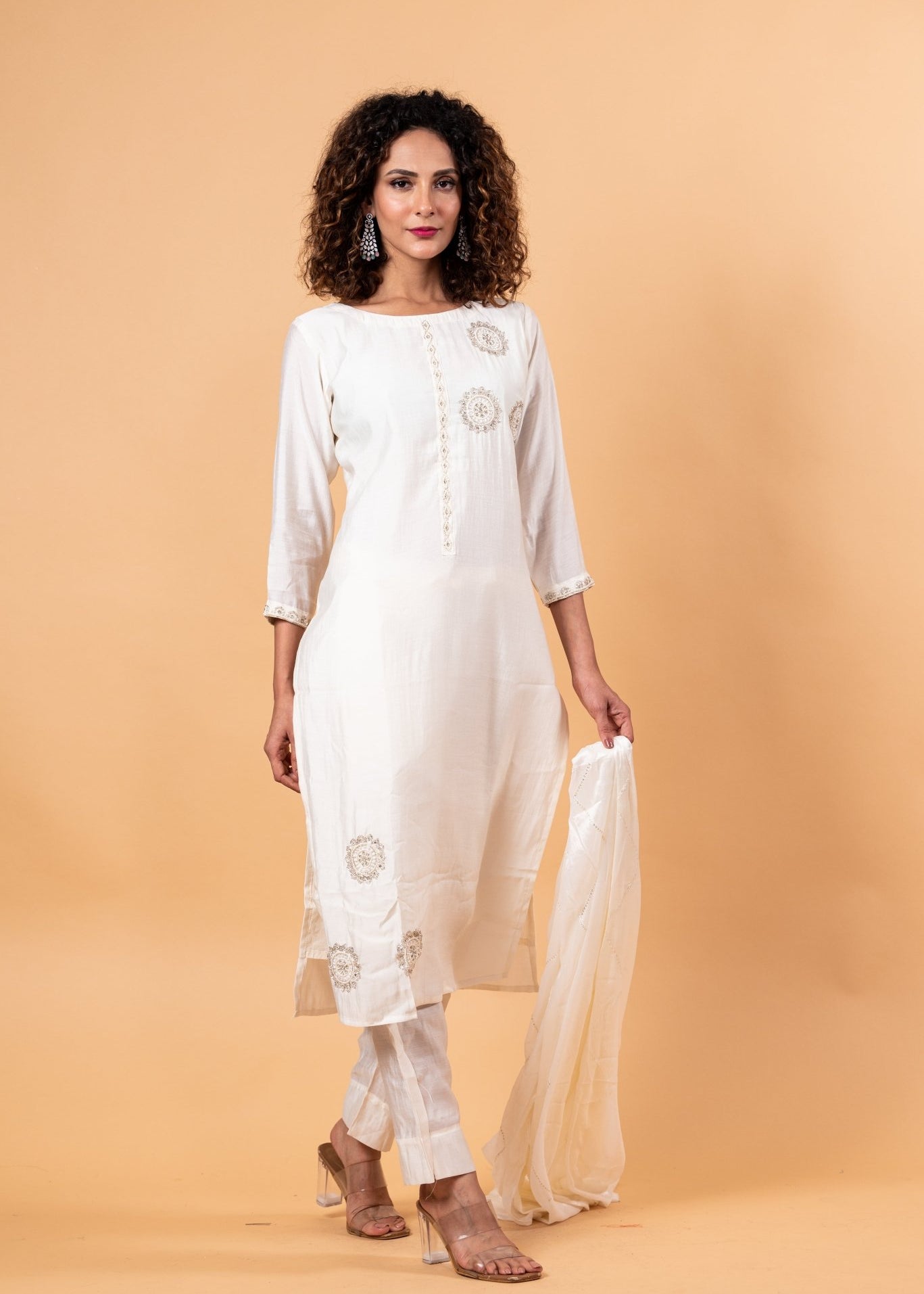 Women Ethnic Motifs Silk Ethereal Embroidery Kurta Set with Dupatta - Anvi Couture