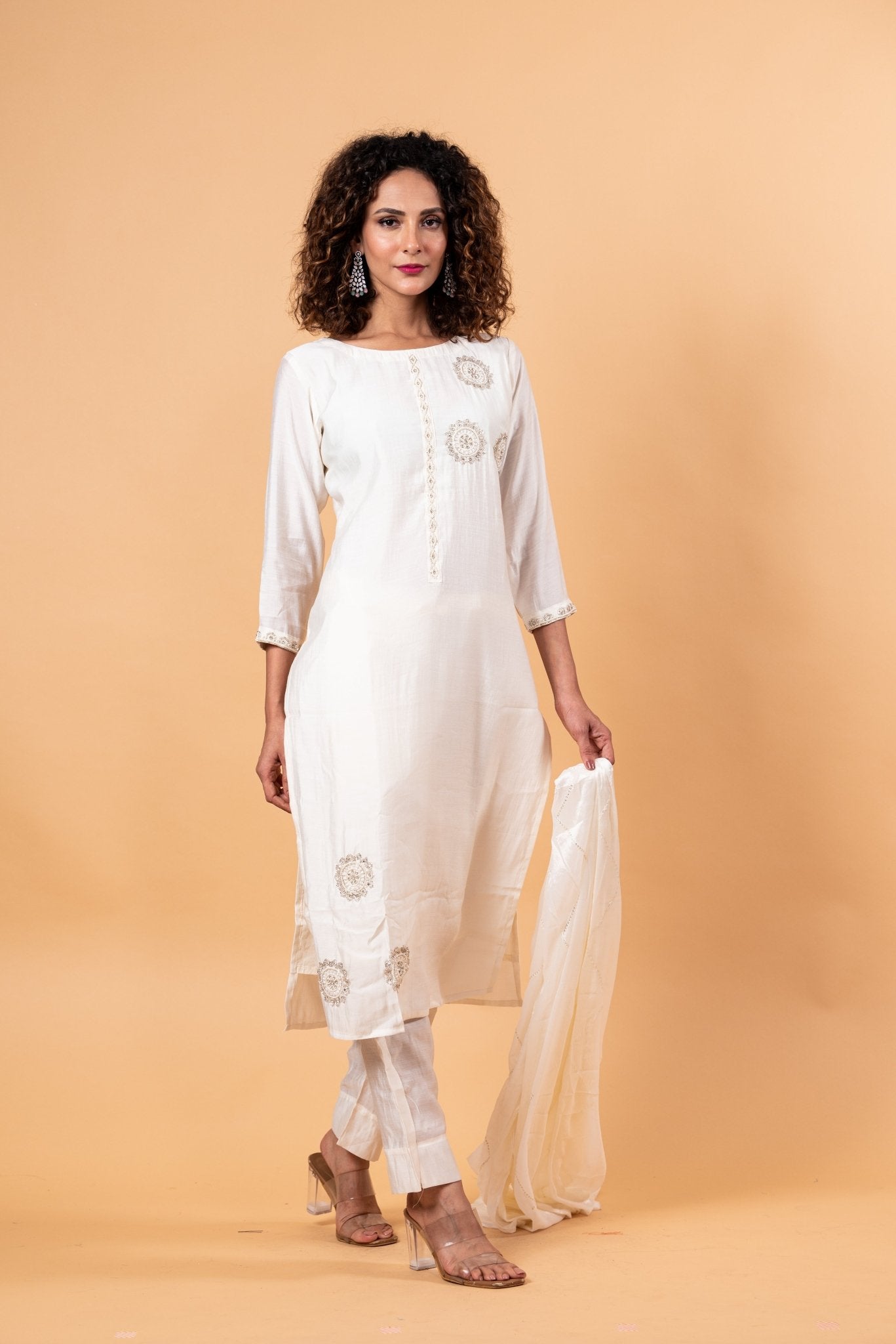 Women Ethnic Motifs Silk Ethereal Embroidery Kurta Set with Dupatta - Anvi Couture