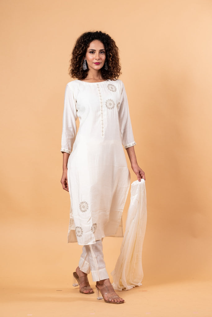 White Silk Kurta Set with Dupatta for Women