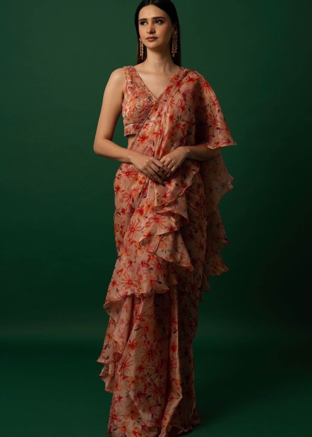 Floral Printed Organza Saree with Hand Embroidered Stitched Blouse - Image 1