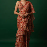 Floral Printed Organza Saree with Hand Embroidered Stitched Blouse - Anvi Couture