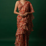 Floral Printed Organza Saree with Hand Embroidered Stitched Blouse