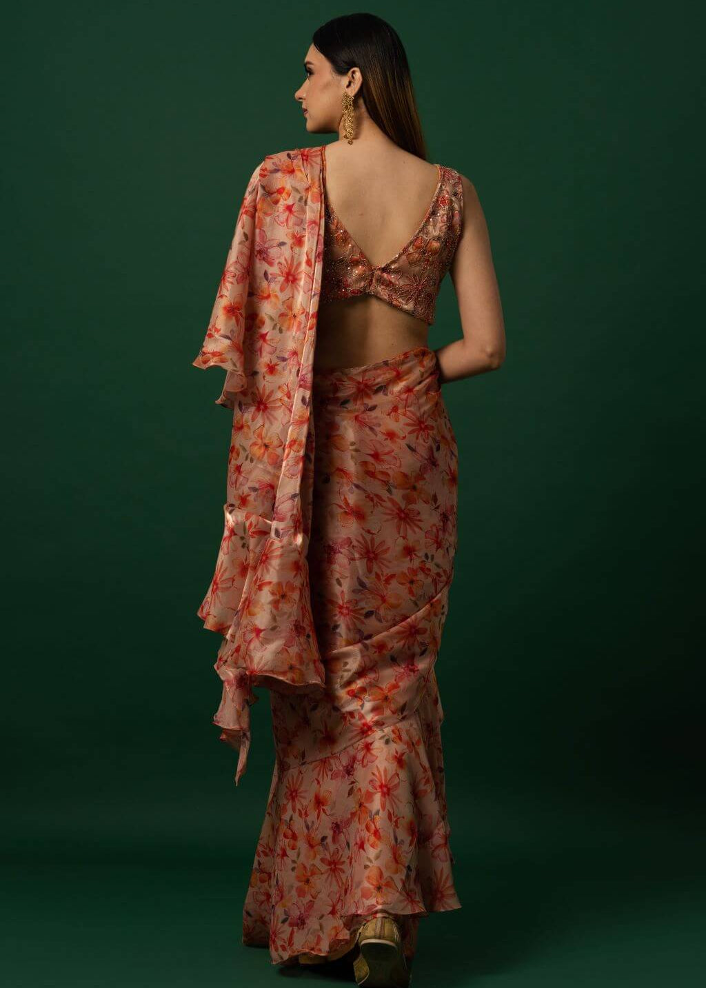 Floral Printed Organza Saree with Hand Embroidered Stitched Blouse - Image 3