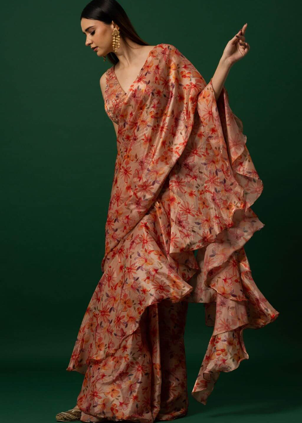 Floral Printed Organza Saree with Hand Embroidered Stitched Blouse - Image 4