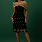 Black Velvet Dress with Organza Off-Shoulder Shrug for Women